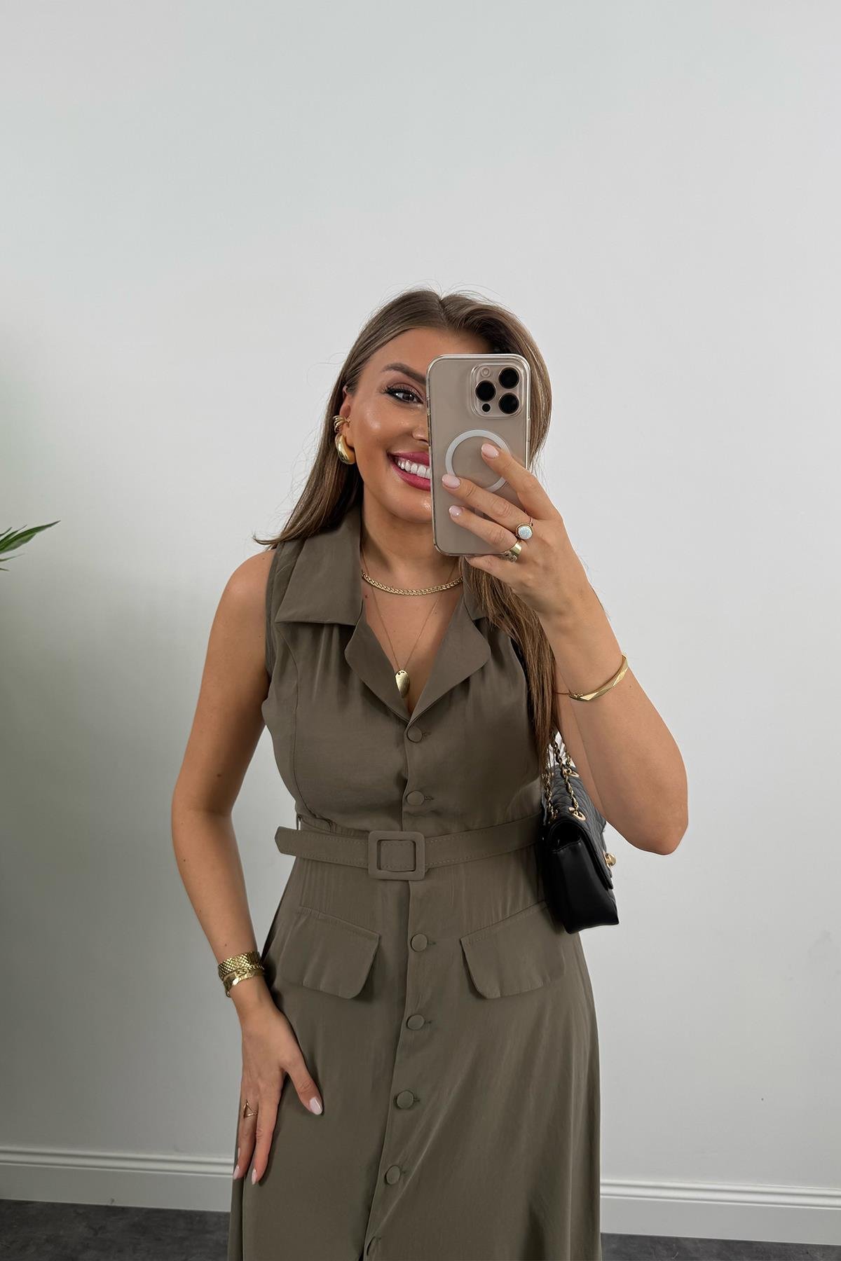 %100 Tensel Kumaş Lüx Kalite Düğmeli Kemerli Maxi Elbise Haki