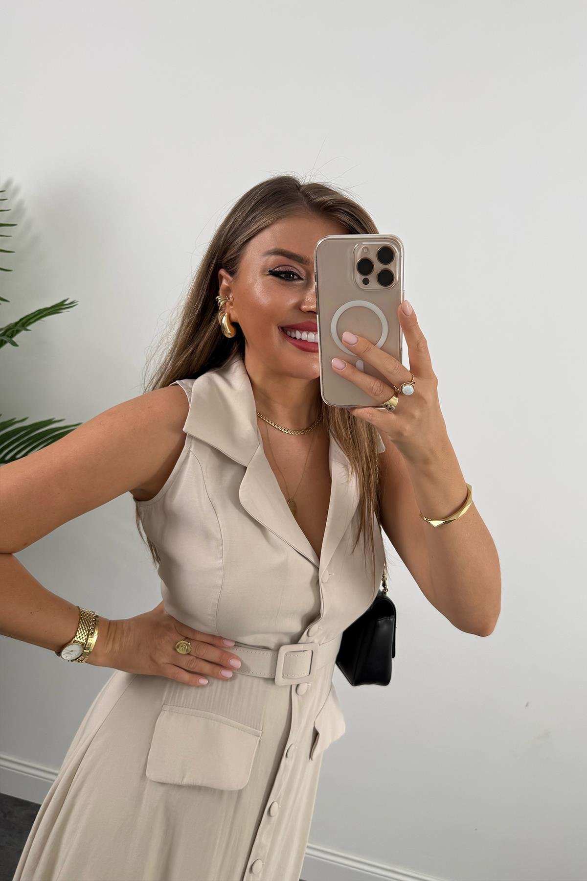 %100 Tensel Kumaş Lüx Kalite Düğmeli Kemerli Maxi Elbise Taş