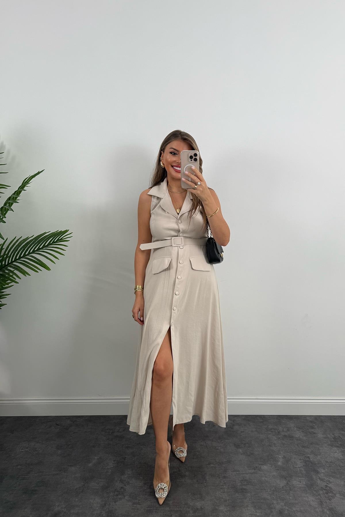 %100 Tensel Kumaş Lüx Kalite Düğmeli Kemerli Maxi Elbise Taş