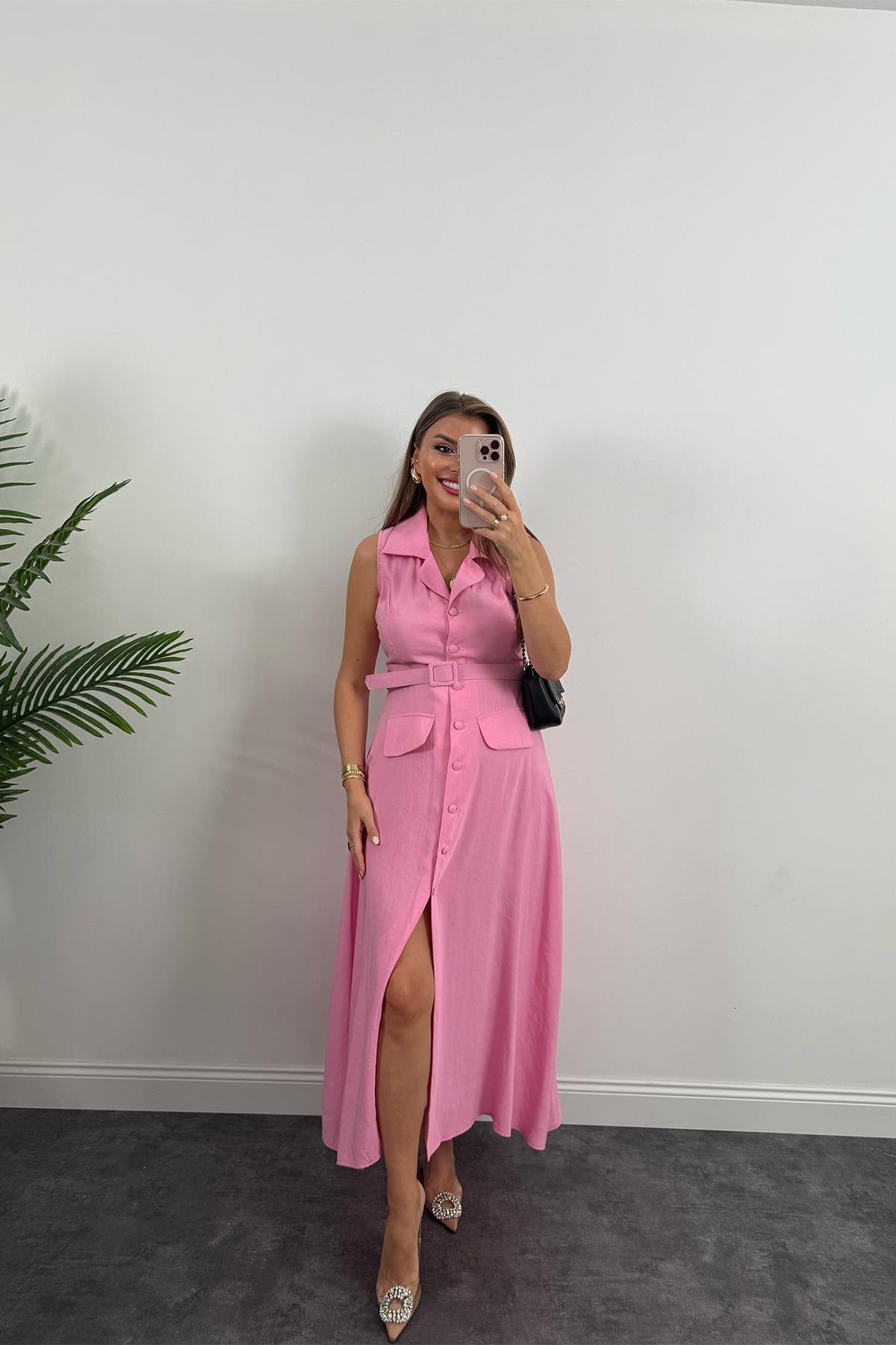 %100 Tensel Kumaş Lüx Kalite Düğmeli Kemerli Maxi Elbise Pembe