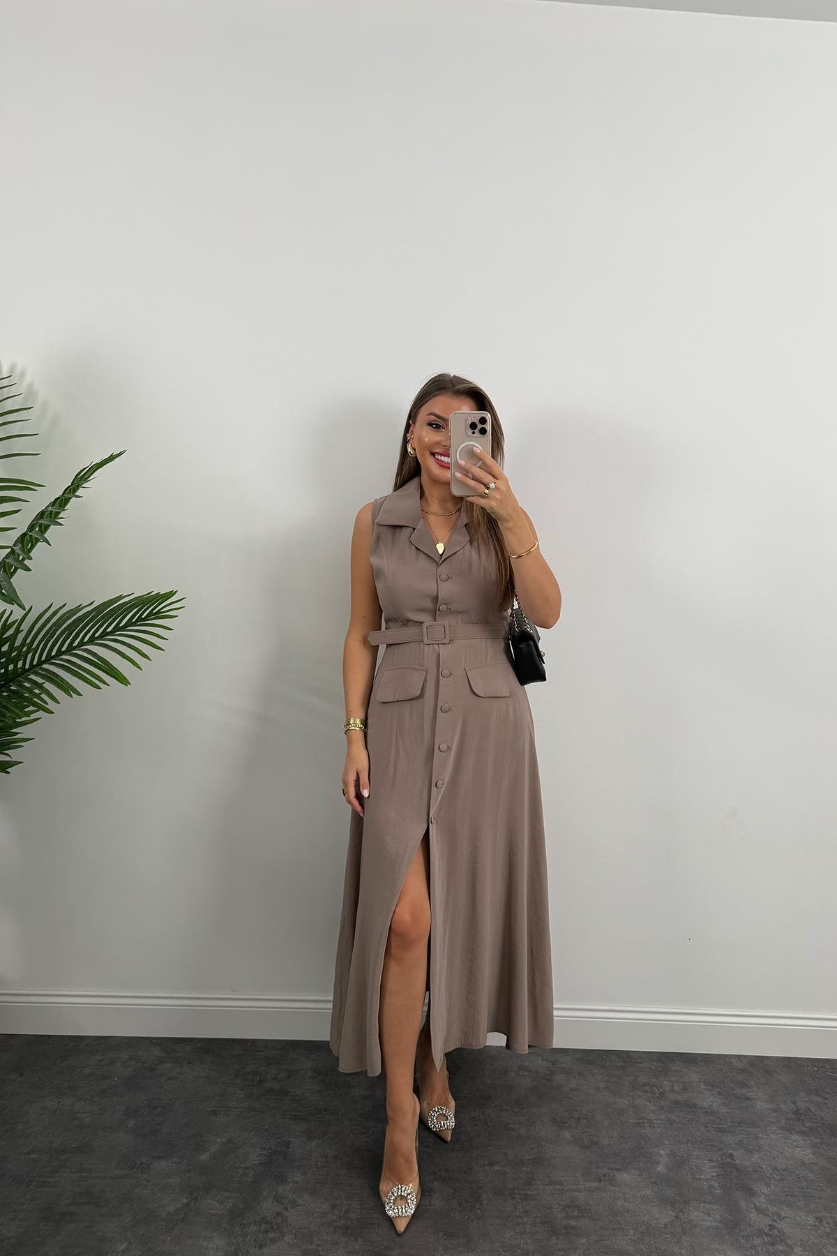 %100 Tensel Kumaş Lüx Kalite Düğmeli Kemerli Maxi Elbise Vizon