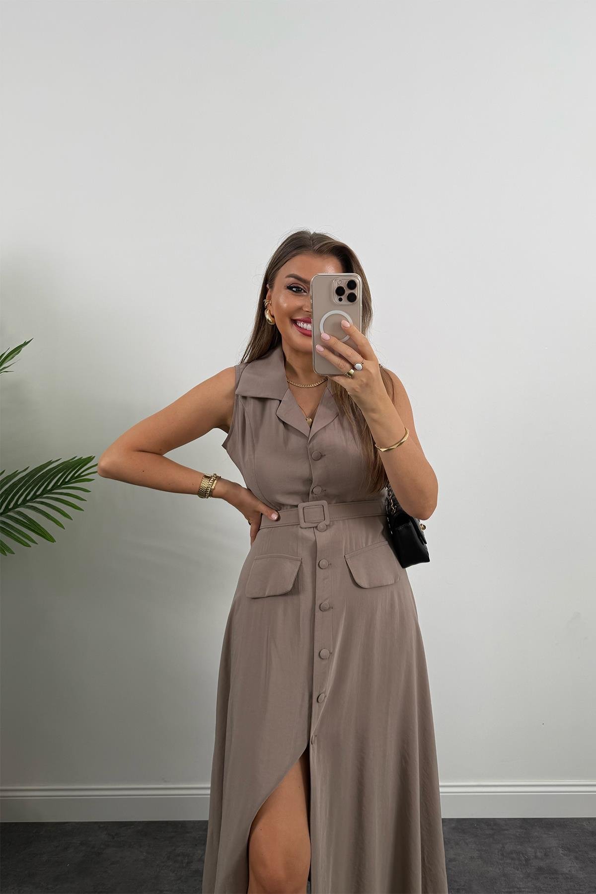 %100 Tensel Kumaş Lüx Kalite Düğmeli Kemerli Maxi Elbise Vizon