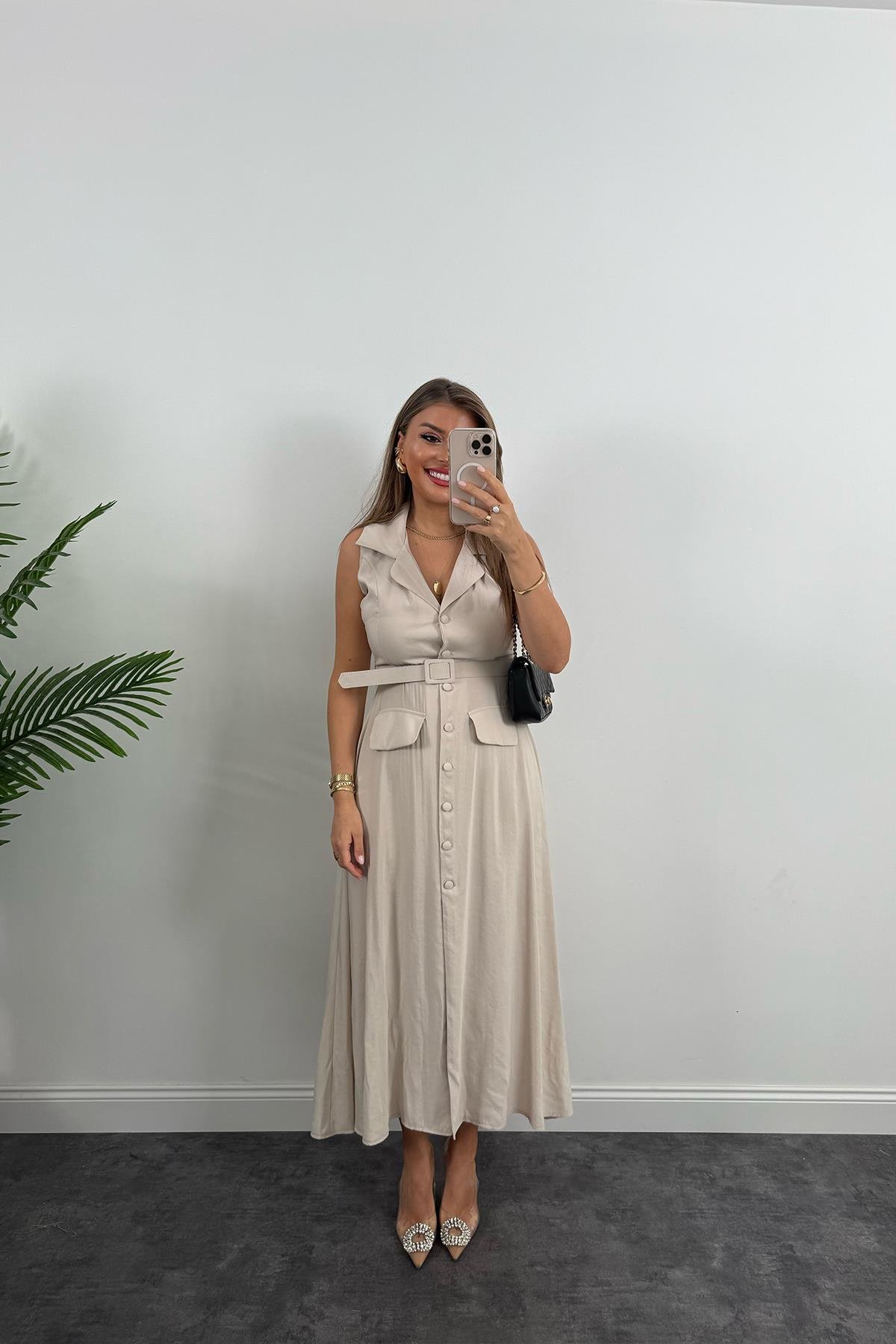 %100 Tensel Kumaş Lüx Kalite Düğmeli Kemerli Maxi Elbise Taş