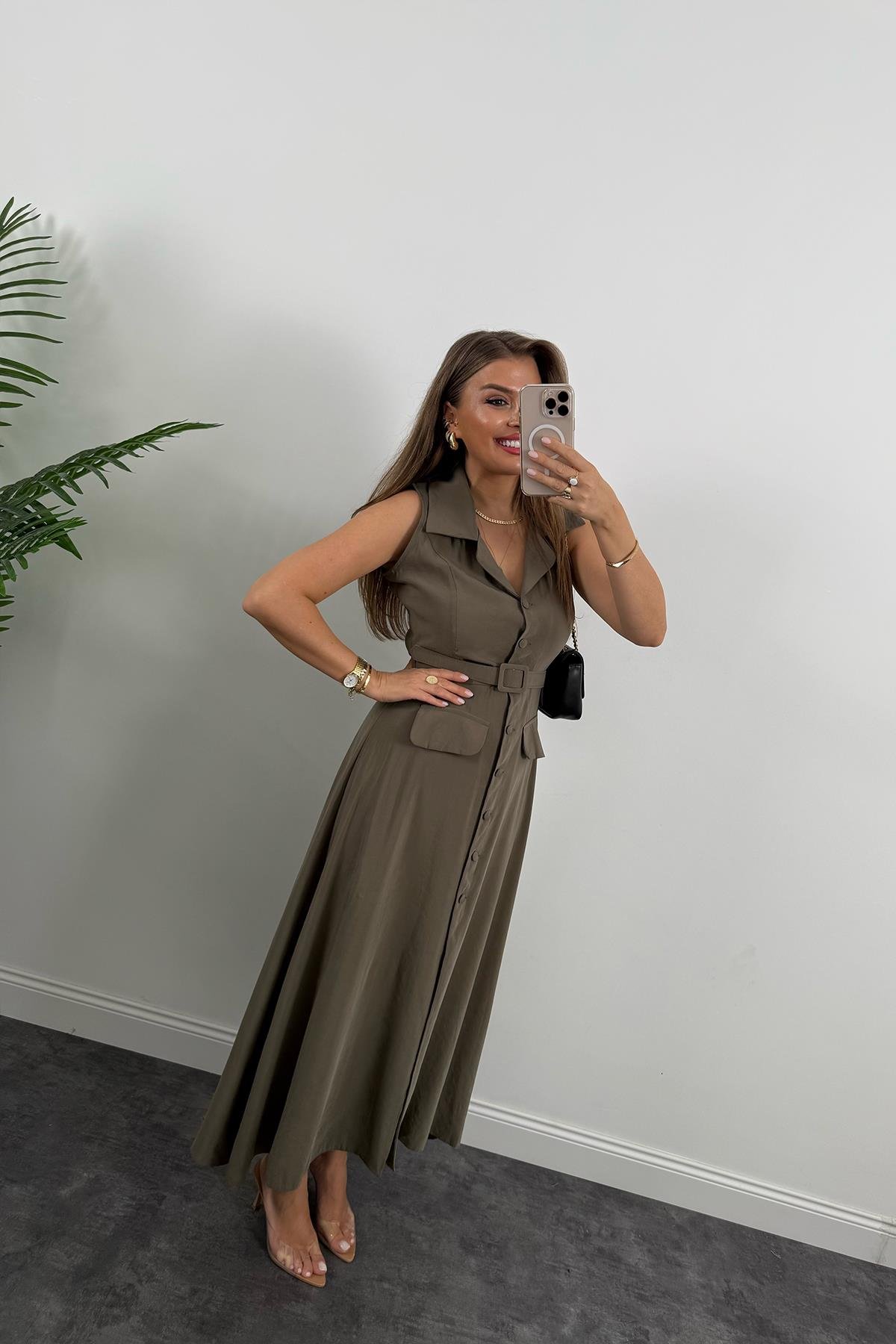 %100 Tensel Kumaş Lüx Kalite Düğmeli Kemerli Maxi Elbise Haki