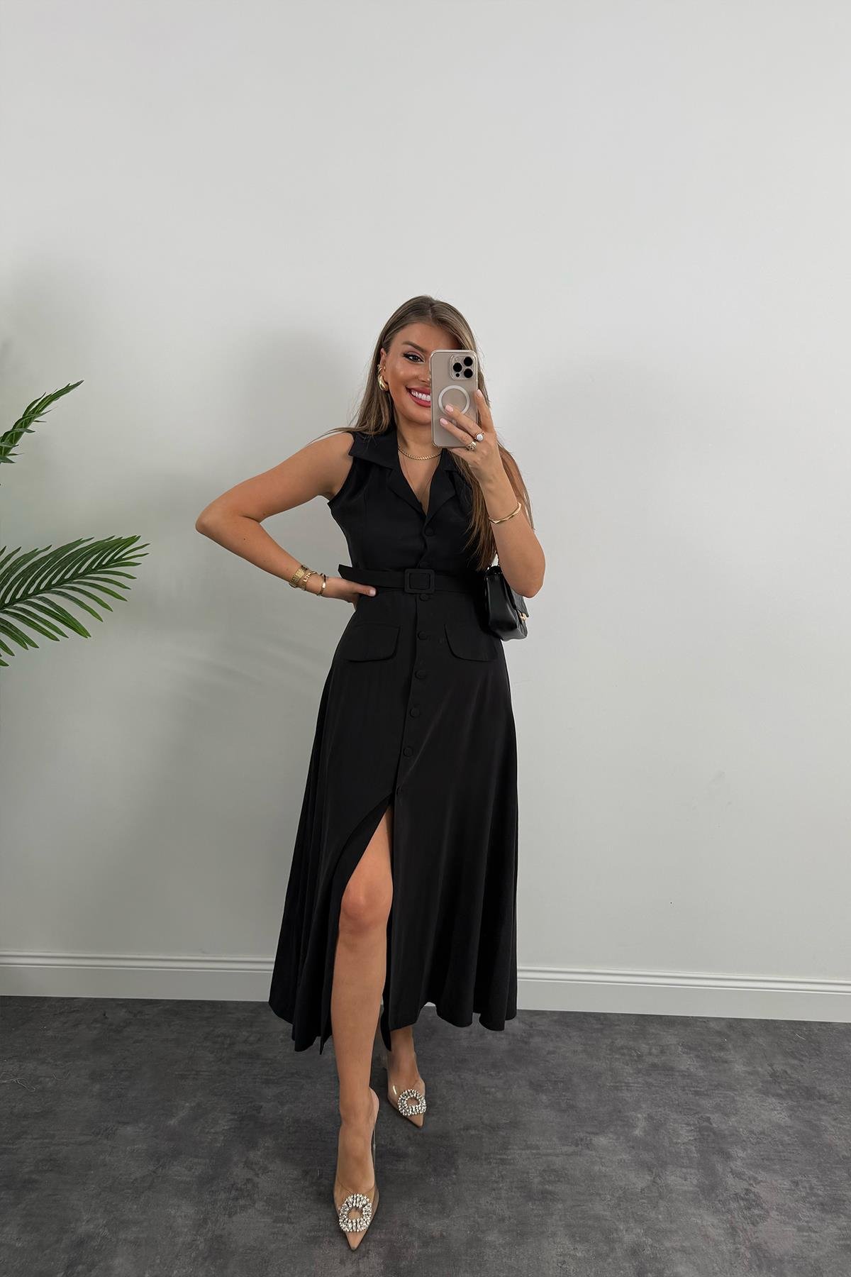 %100 Tensel Kumaş Lüx Kalite Düğmeli Kemerli Maxi Elbise Siyah