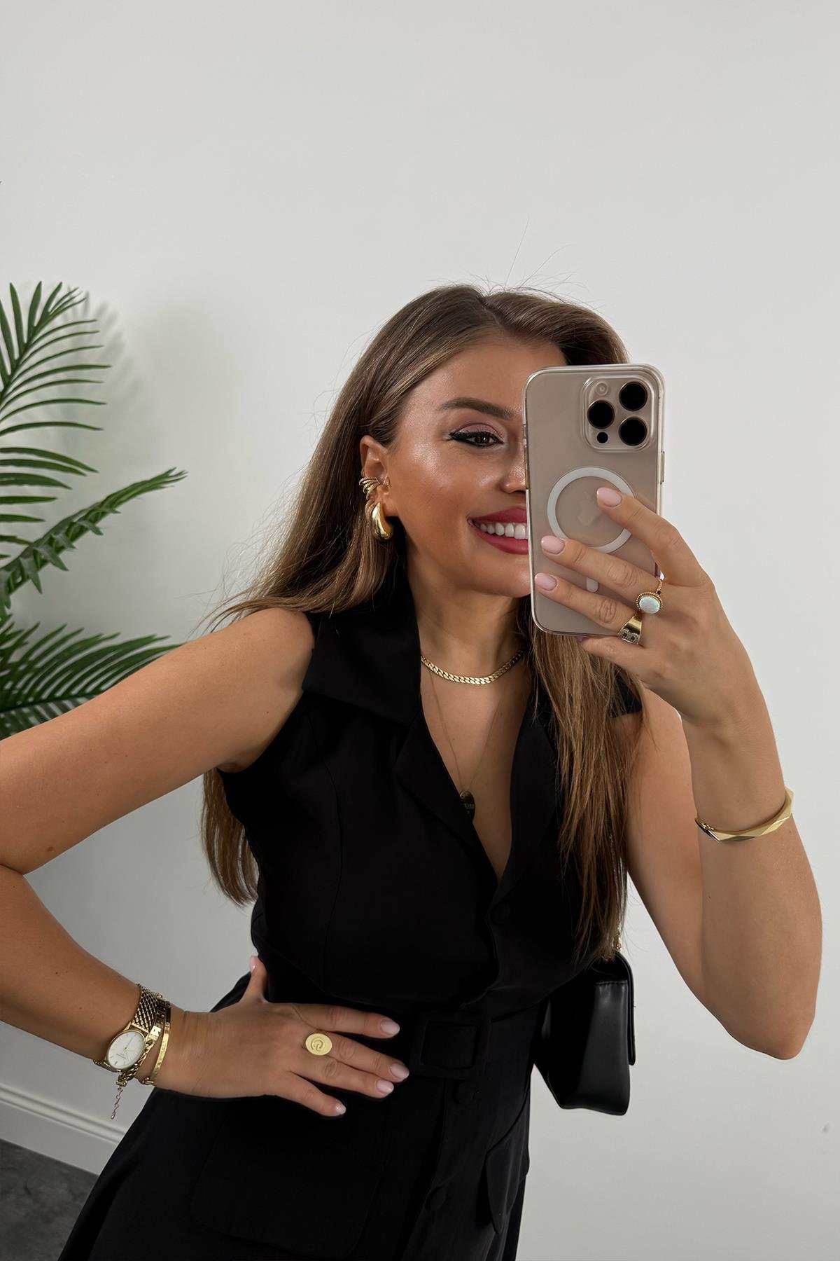 %100 Tensel Kumaş Lüx Kalite Düğmeli Kemerli Maxi Elbise Siyah