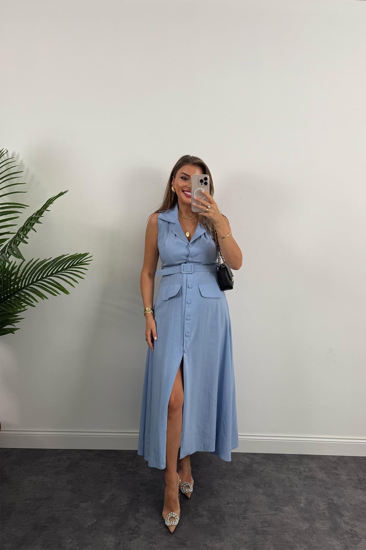 %100 Tensel Kumaş Lüx Kalite Düğmeli Kemerli Maxi Elbise Mavi