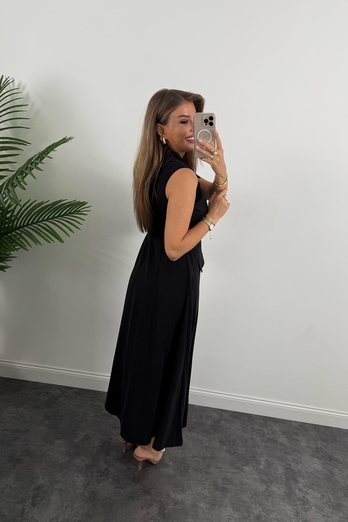 %100 Tensel Kumaş Lüx Kalite Düğmeli Kemerli Maxi Elbise Siyah