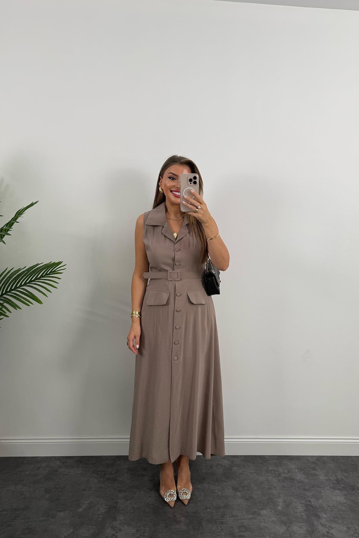 %100 Tensel Kumaş Lüx Kalite Düğmeli Kemerli Maxi Elbise Vizon