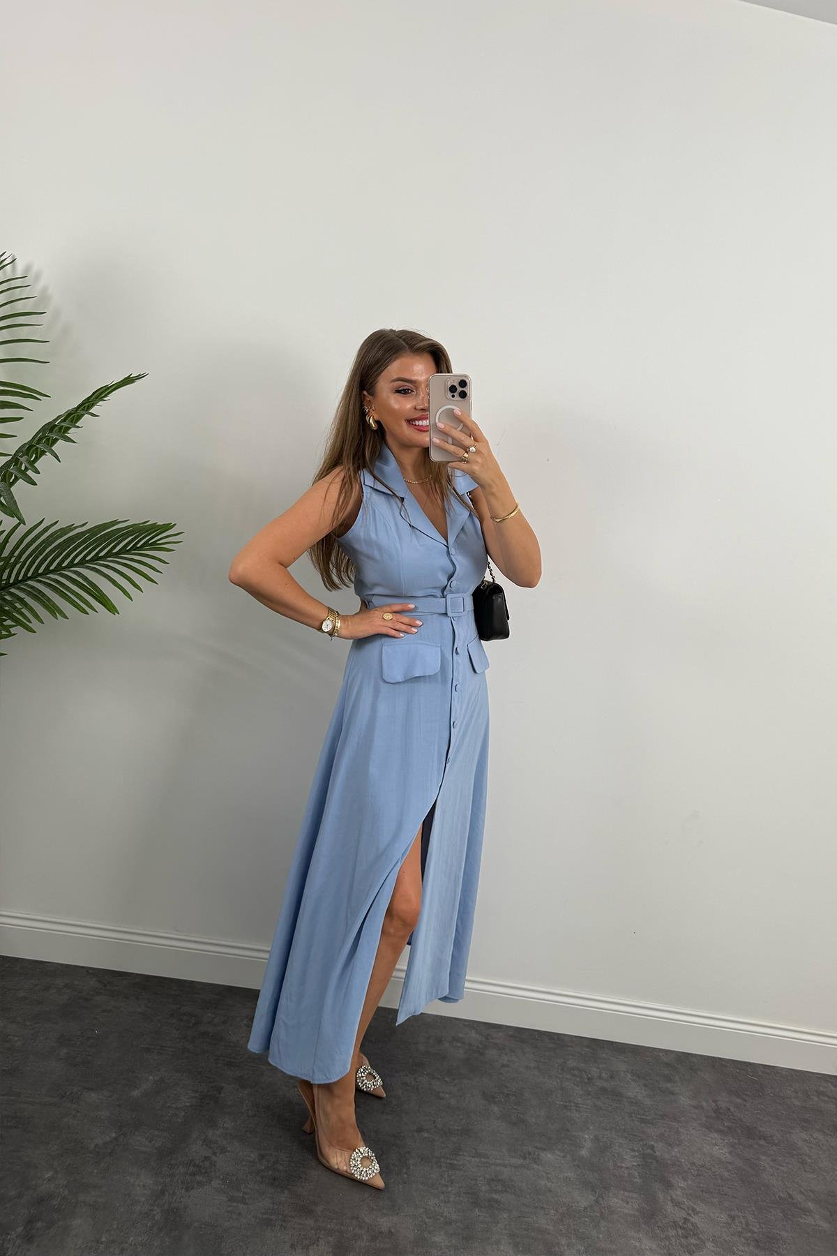 %100 Tensel Kumaş Lüx Kalite Düğmeli Kemerli Maxi Elbise Mavi