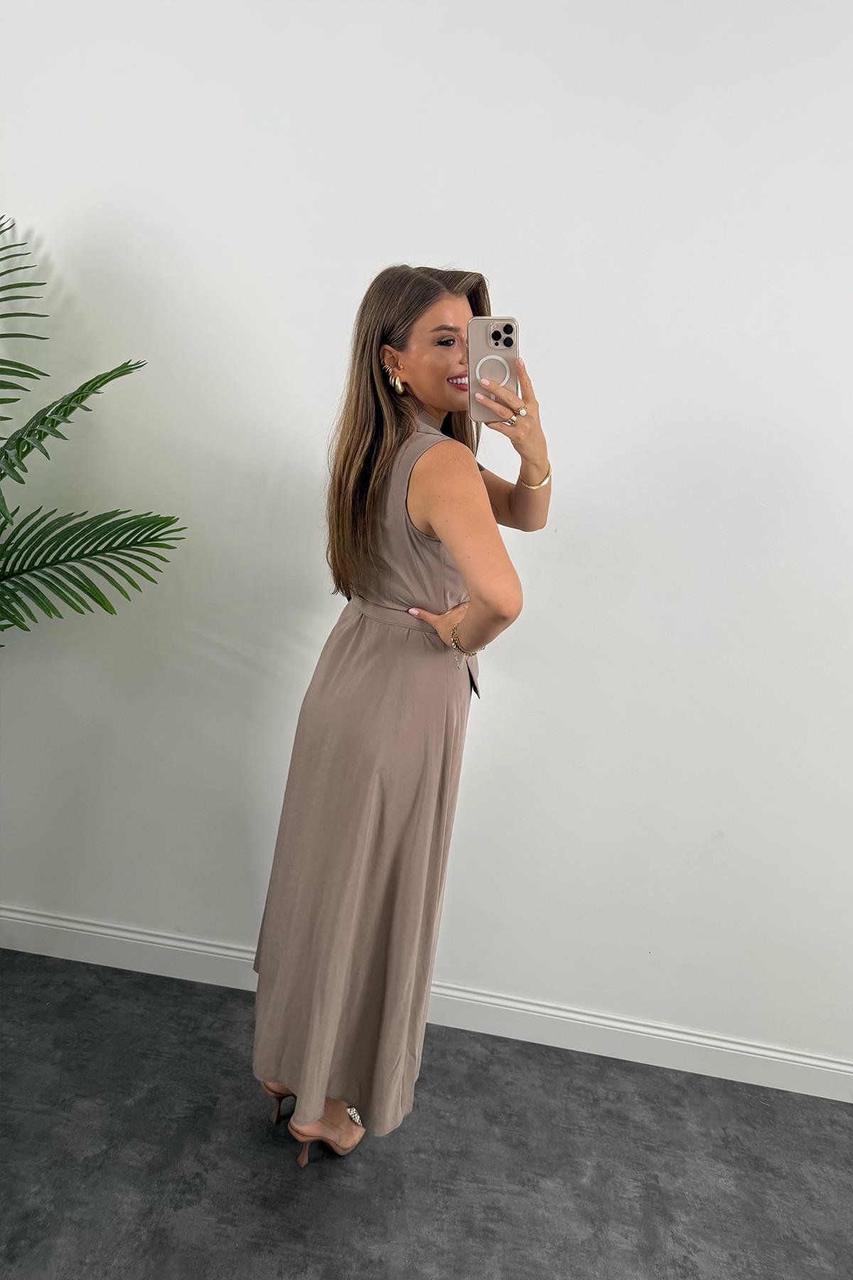 %100 Tensel Kumaş Lüx Kalite Düğmeli Kemerli Maxi Elbise Vizon