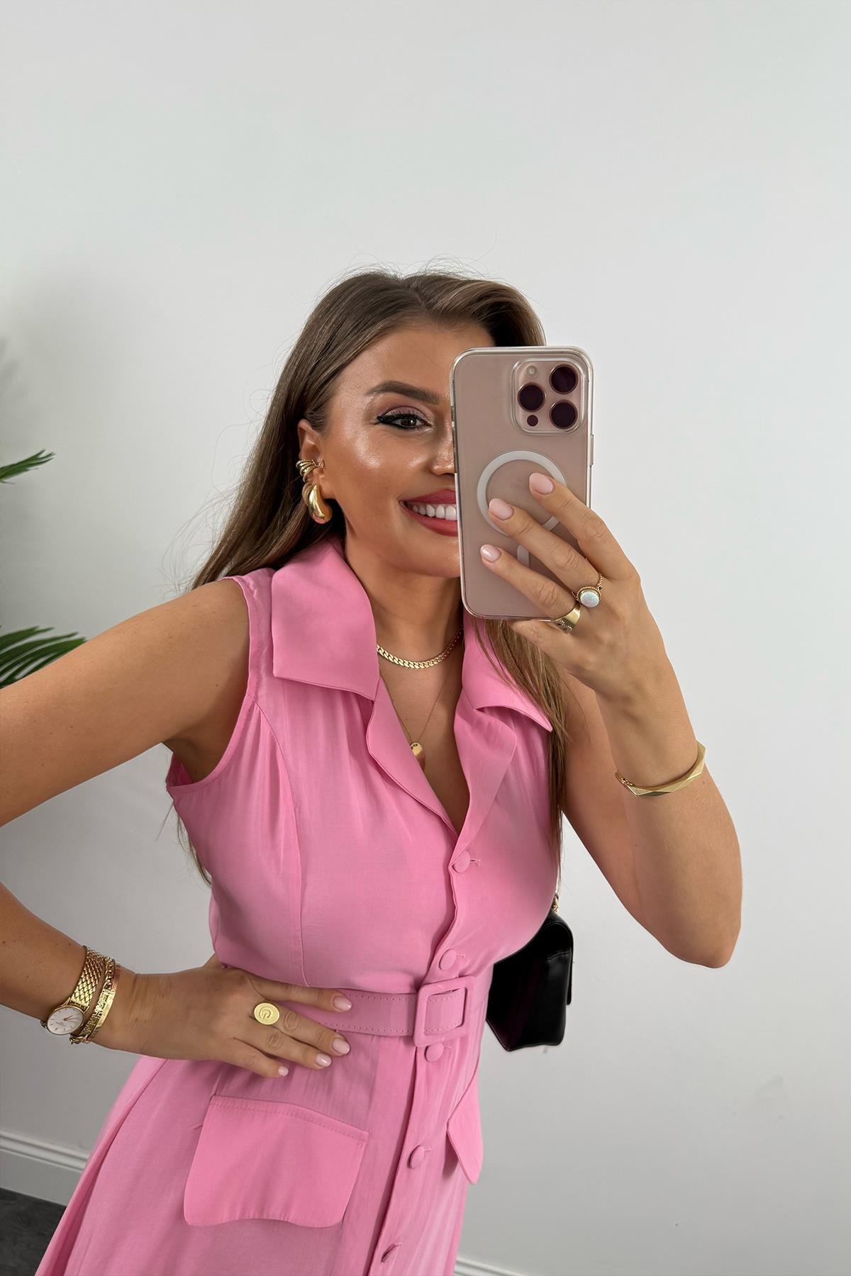 %100 Tensel Kumaş Lüx Kalite Düğmeli Kemerli Maxi Elbise Pembe