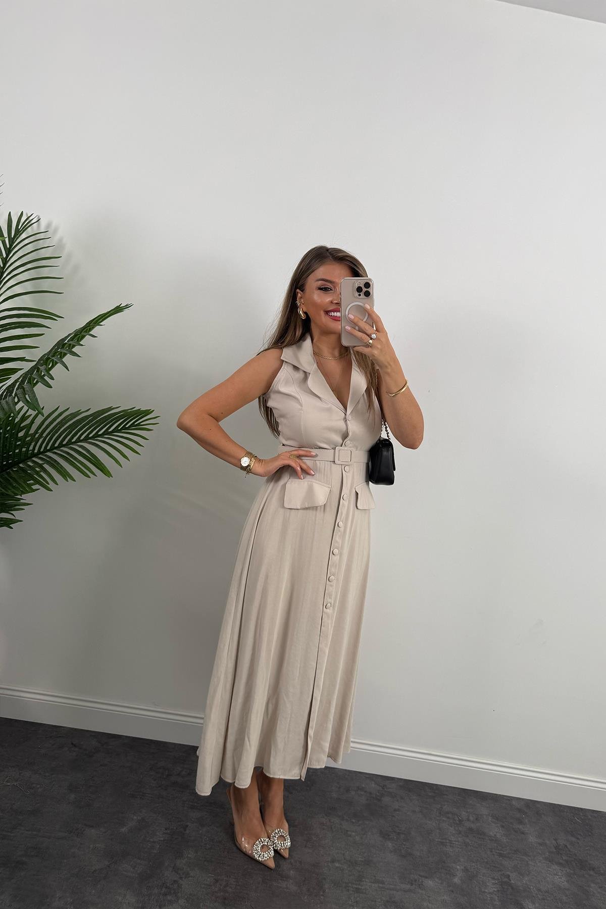 %100 Tensel Kumaş Lüx Kalite Düğmeli Kemerli Maxi Elbise Taş