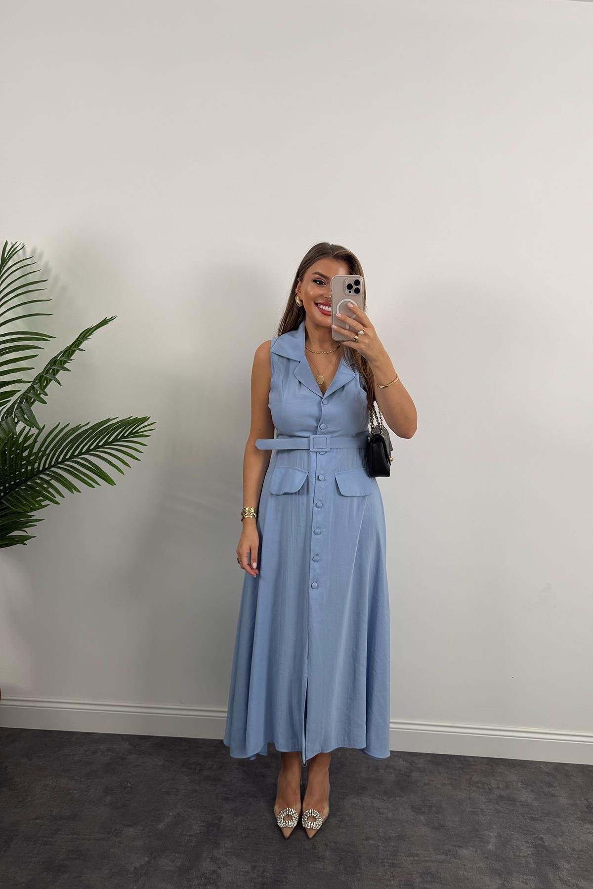 %100 Tensel Kumaş Lüx Kalite Düğmeli Kemerli Maxi Elbise Mavi