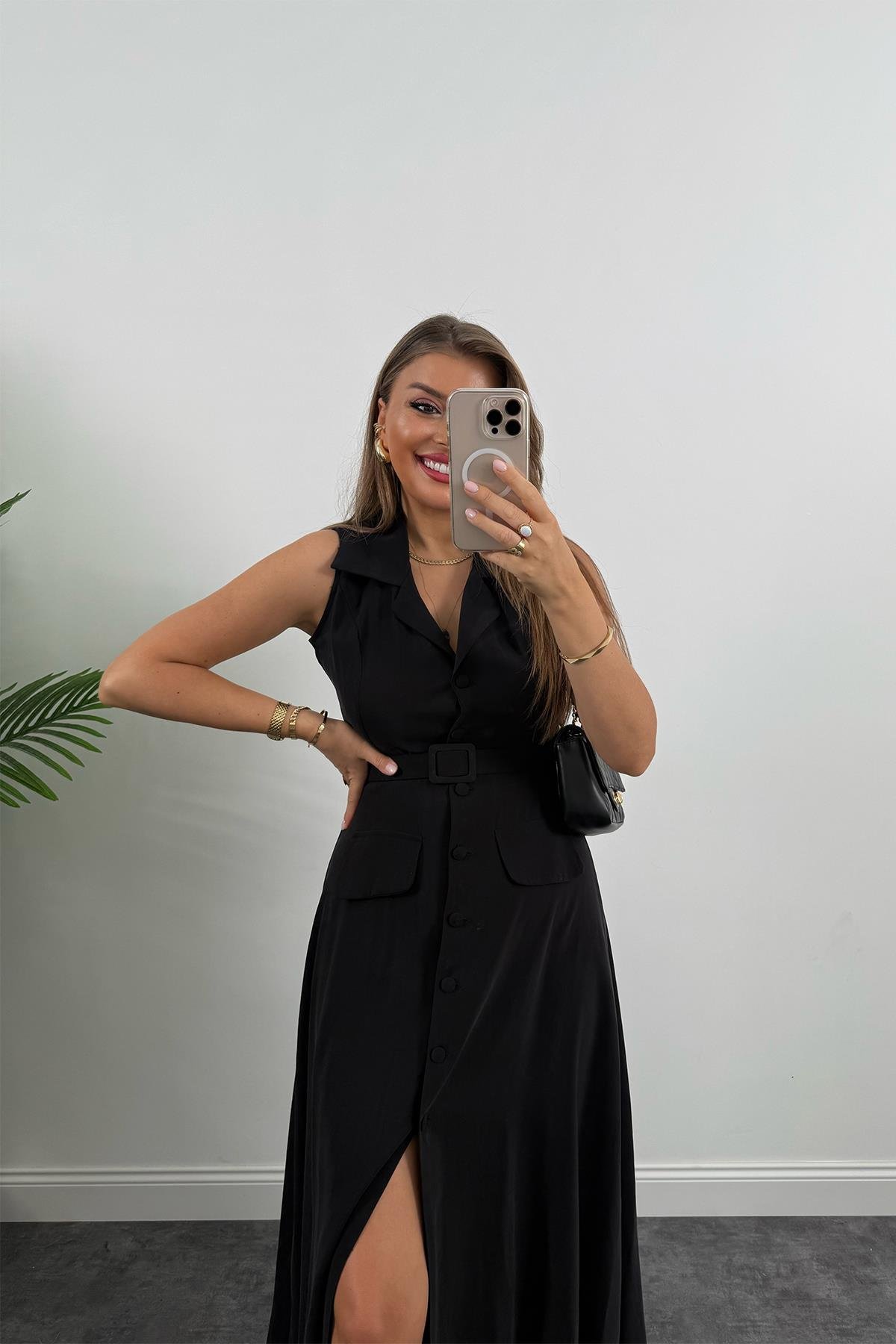 %100 Tensel Kumaş Lüx Kalite Düğmeli Kemerli Maxi Elbise Siyah