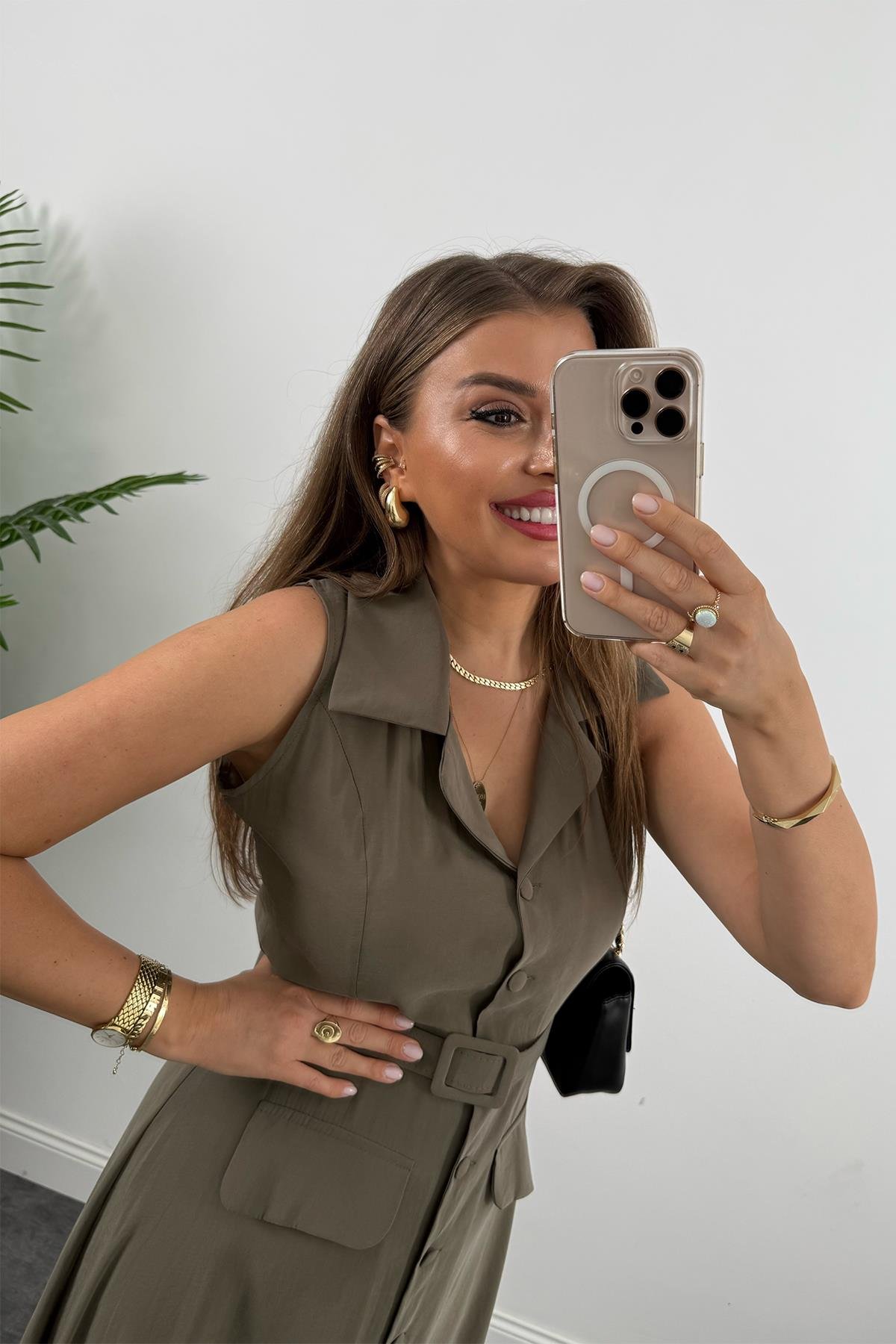 %100 Tensel Kumaş Lüx Kalite Düğmeli Kemerli Maxi Elbise Haki