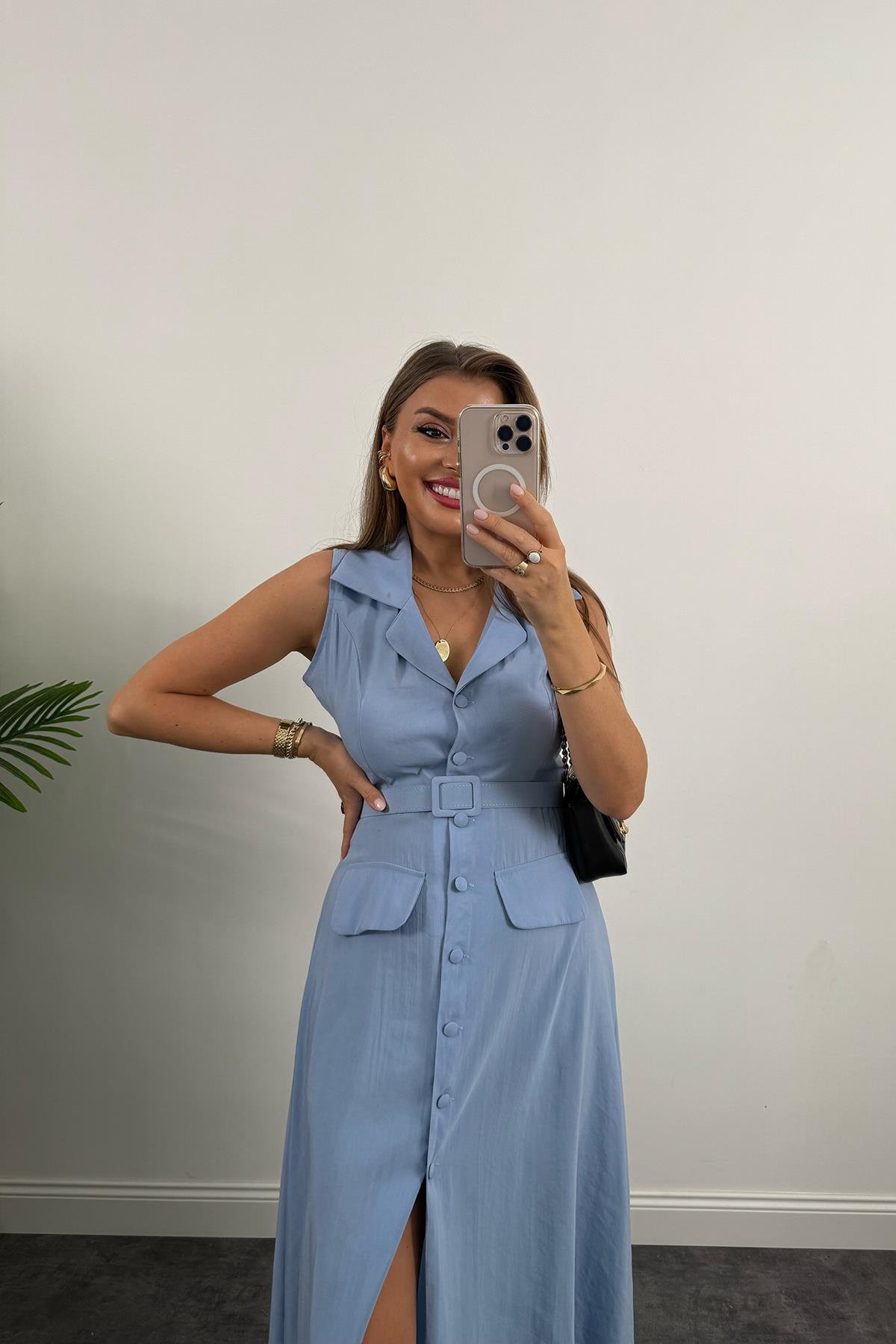 %100 Tensel Kumaş Lüx Kalite Düğmeli Kemerli Maxi Elbise Mavi