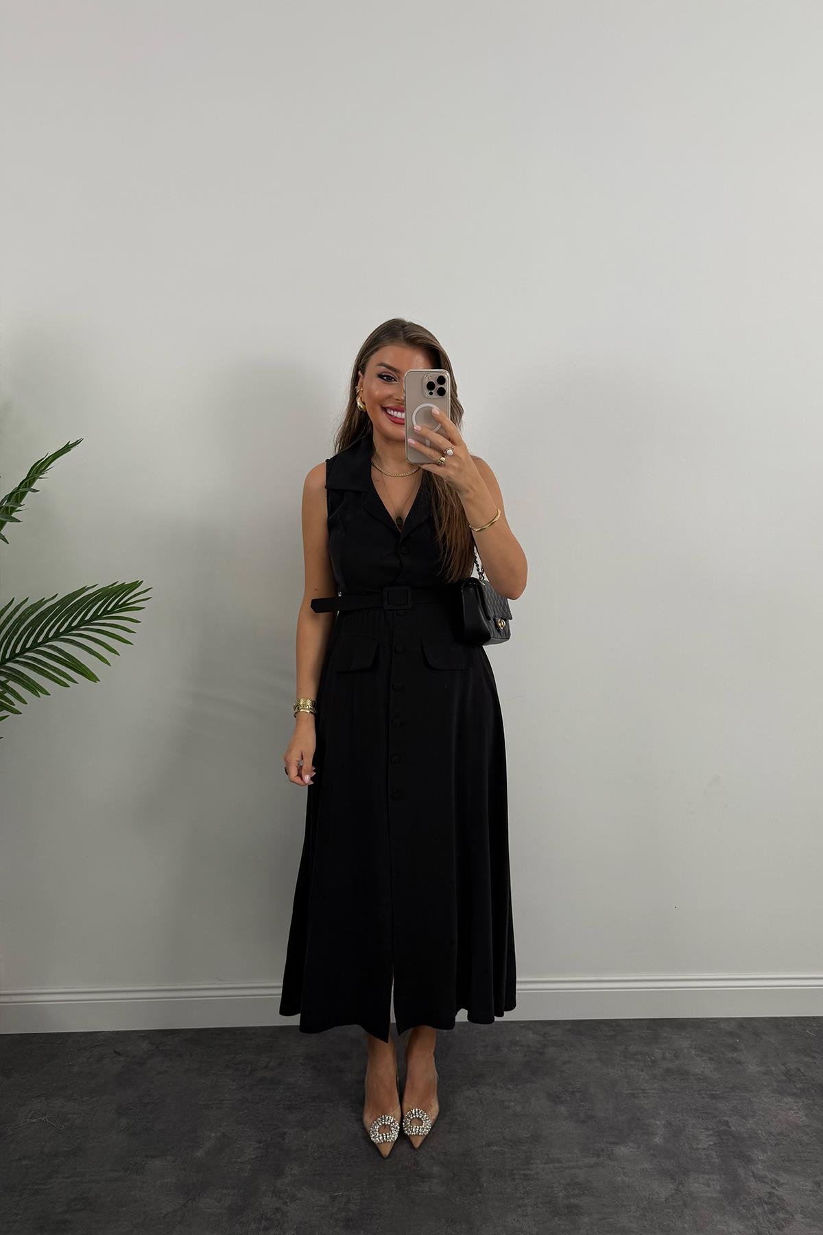 %100 Tensel Kumaş Lüx Kalite Düğmeli Kemerli Maxi Elbise Siyah