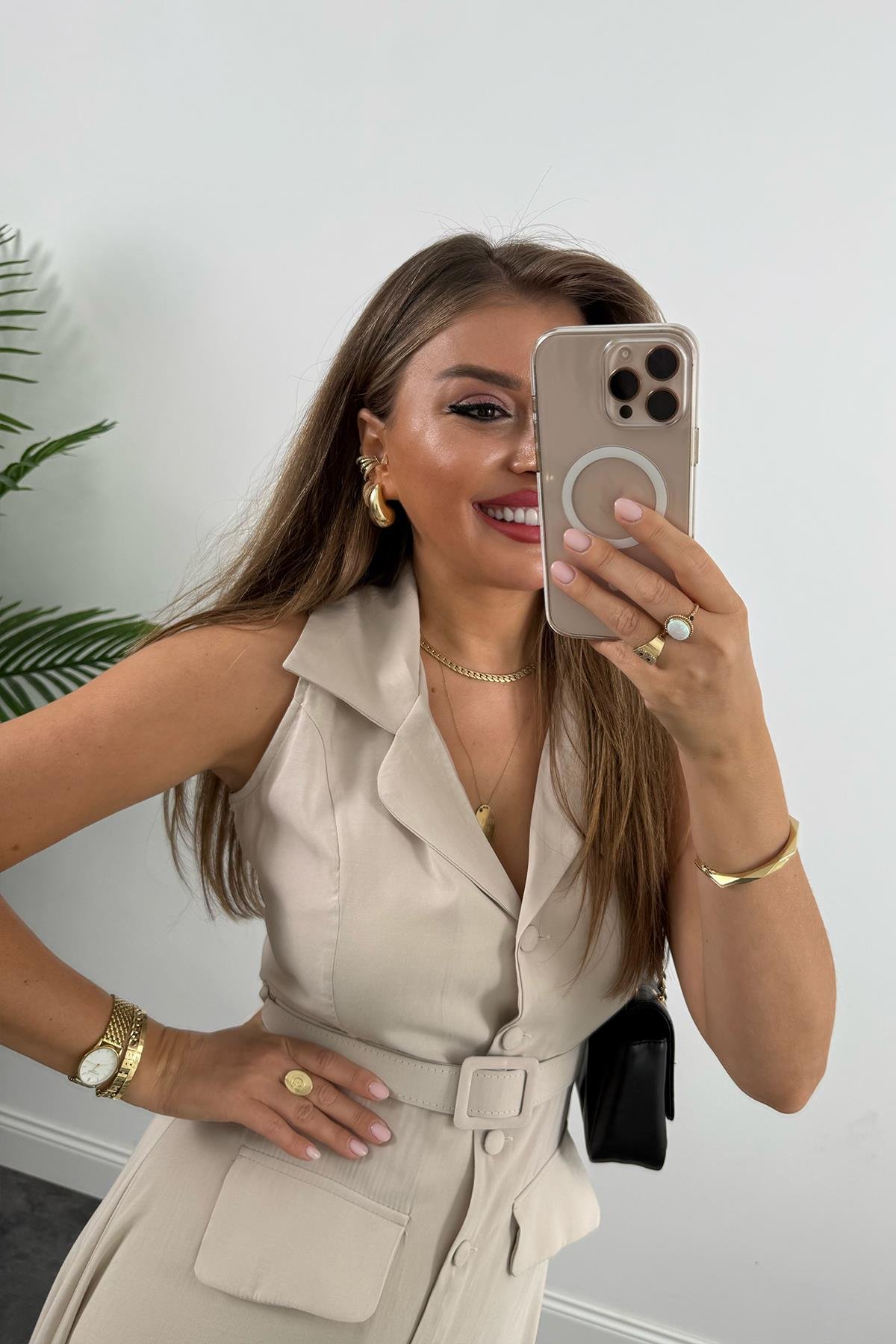 %100 Tensel Kumaş Lüx Kalite Düğmeli Kemerli Maxi Elbise Taş