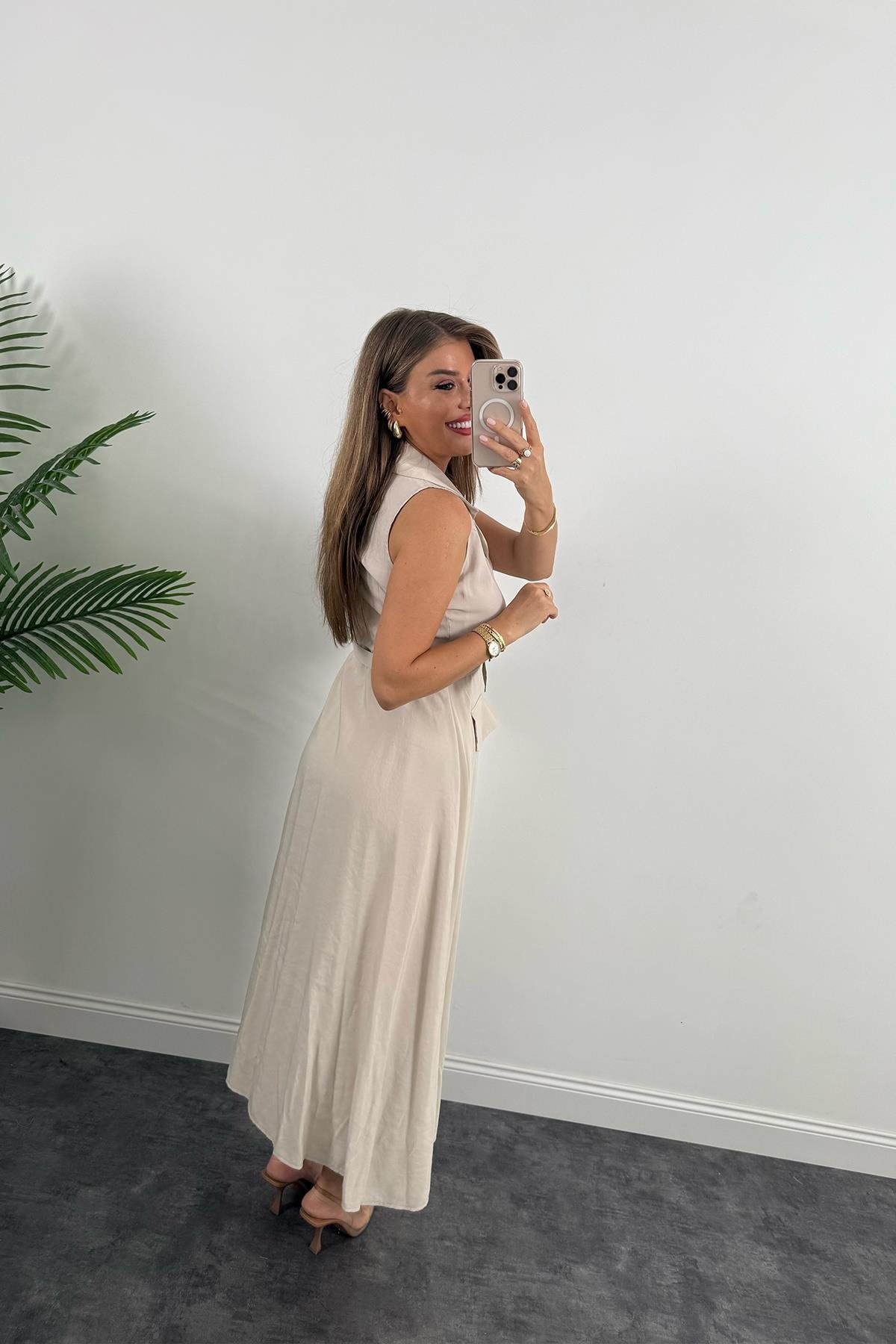 %100 Tensel Kumaş Lüx Kalite Düğmeli Kemerli Maxi Elbise Taş