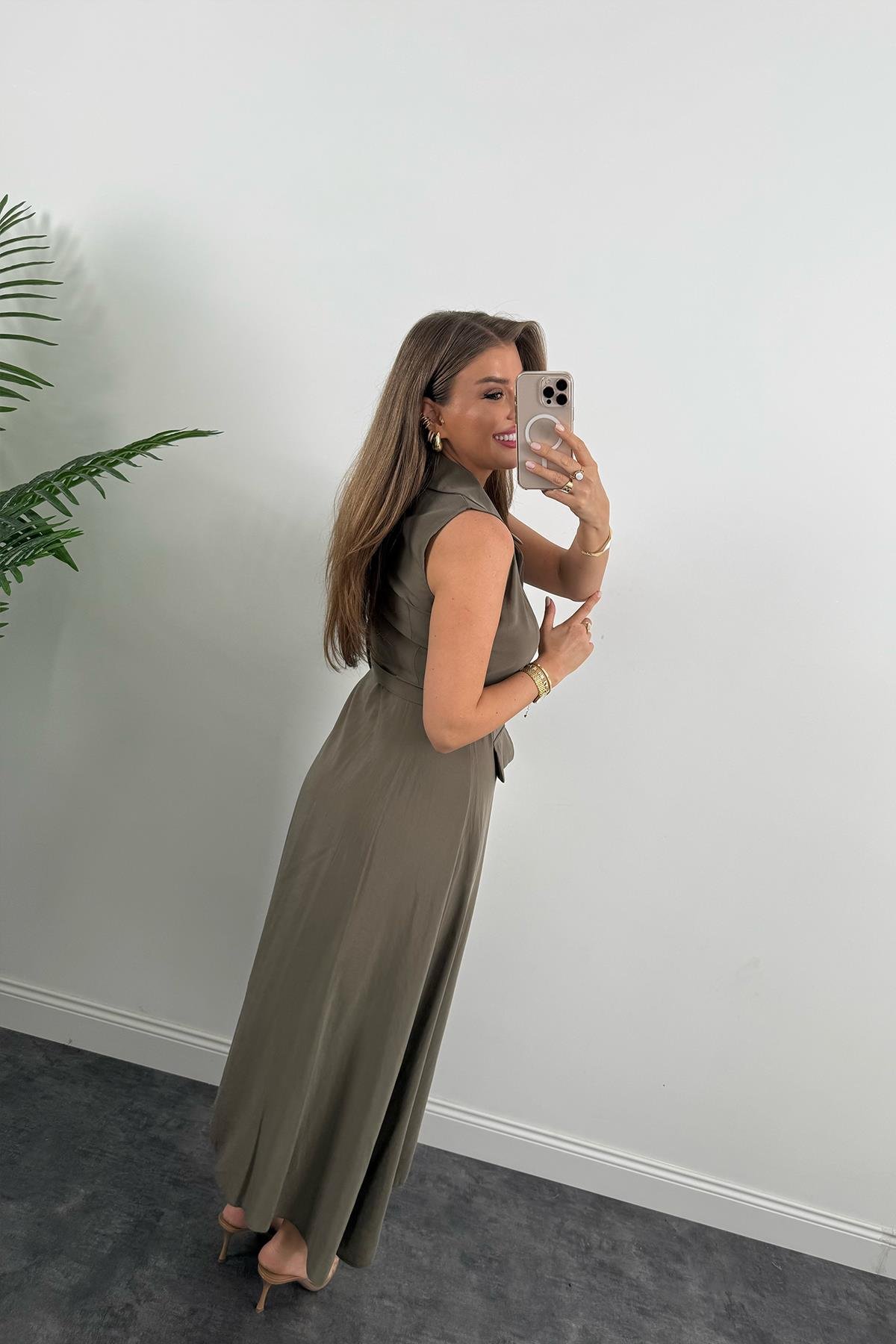 %100 Tensel Kumaş Lüx Kalite Düğmeli Kemerli Maxi Elbise Haki
