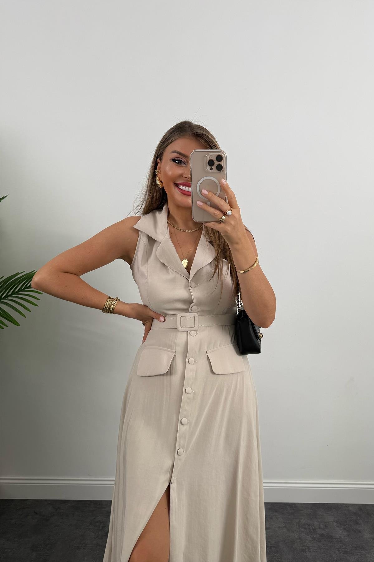 %100 Tensel Kumaş Lüx Kalite Düğmeli Kemerli Maxi Elbise Taş