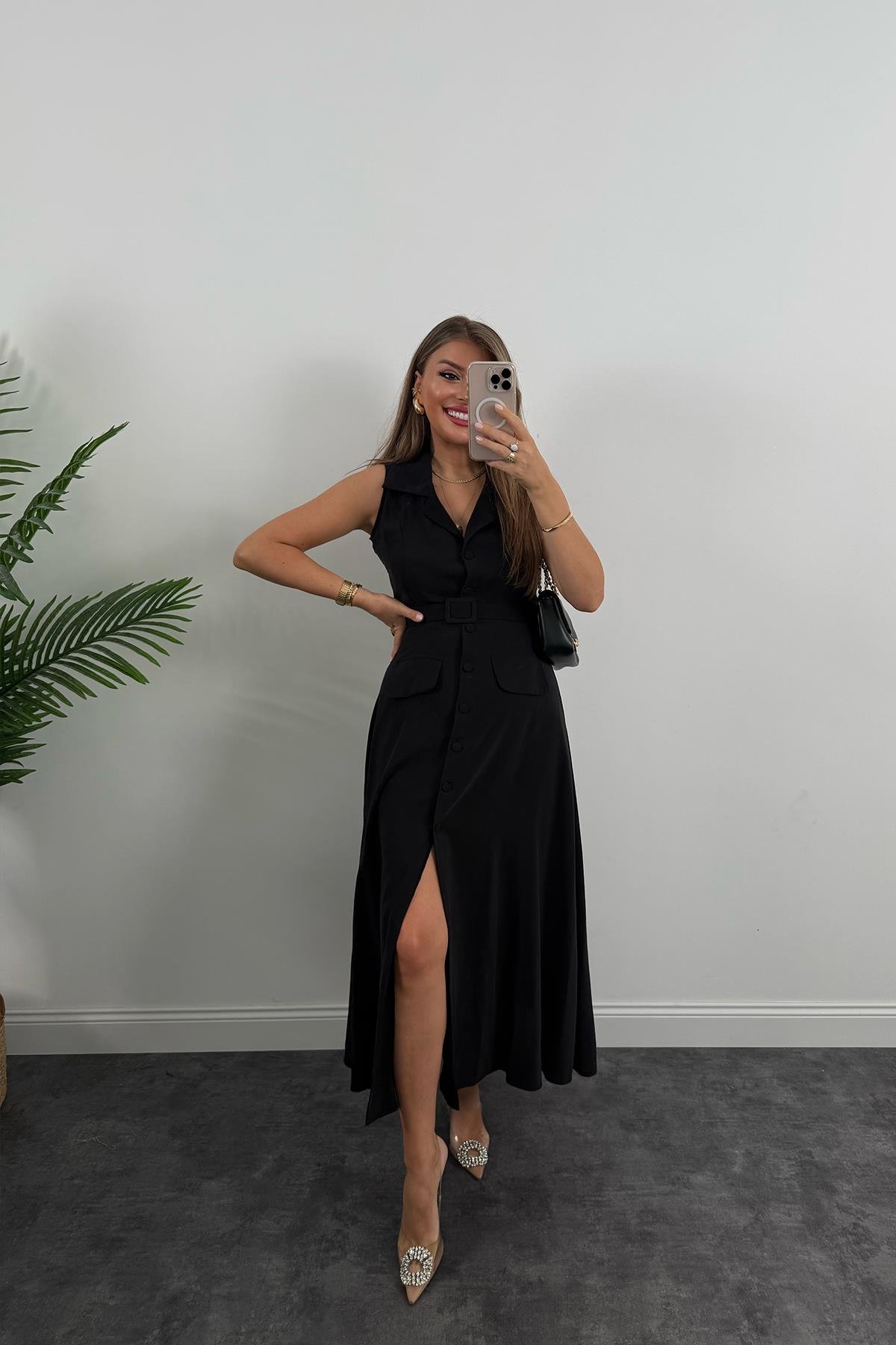 %100 Tensel Kumaş Lüx Kalite Düğmeli Kemerli Maxi Elbise Siyah