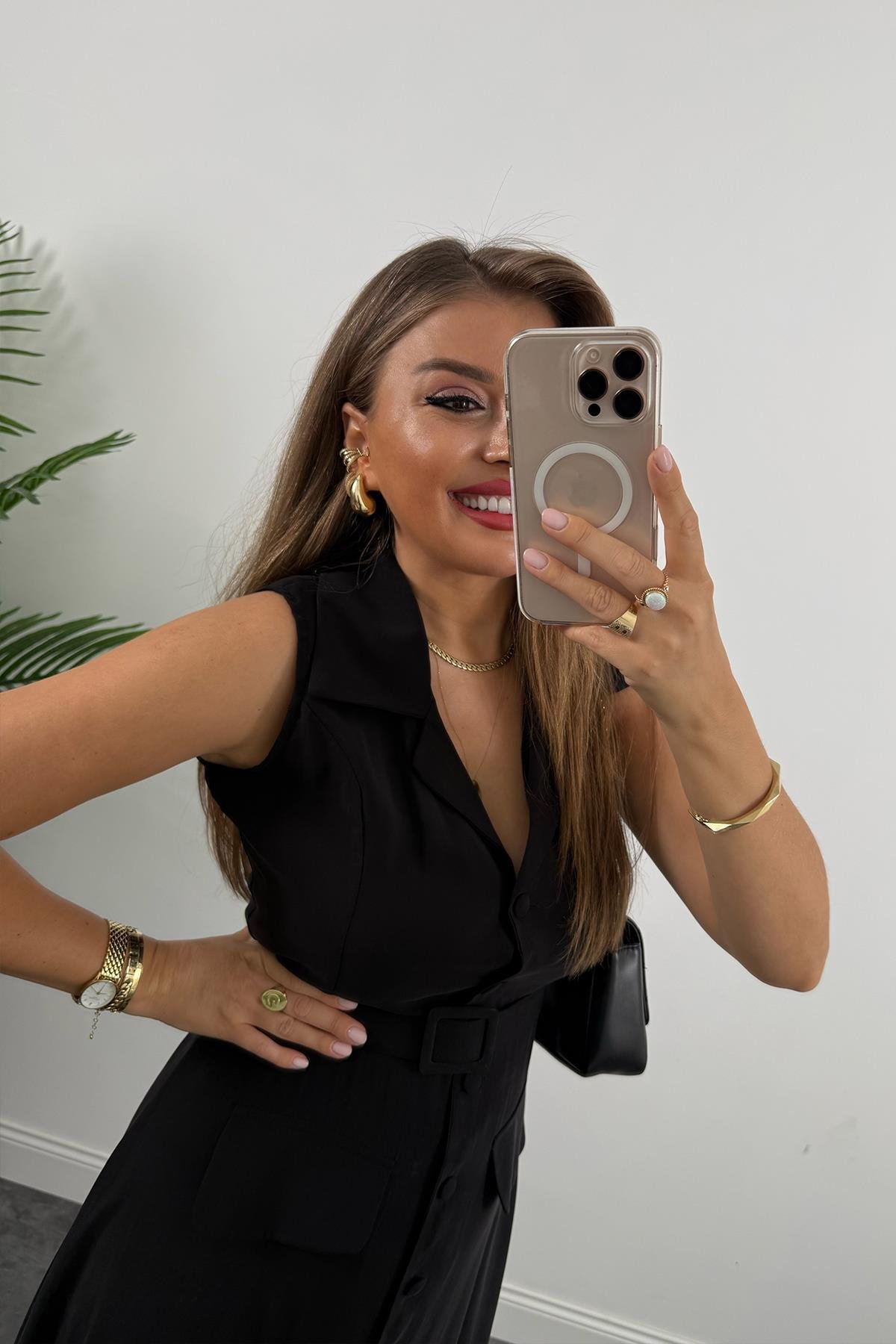 %100 Tensel Kumaş Lüx Kalite Düğmeli Kemerli Maxi Elbise Siyah