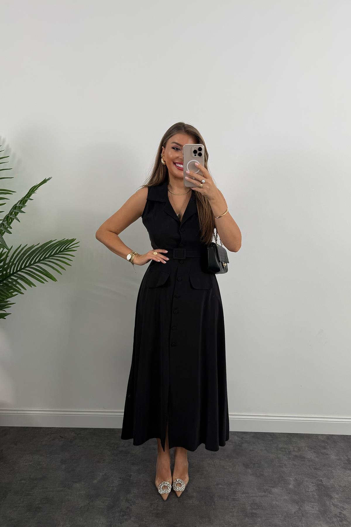 %100 Tensel Kumaş Lüx Kalite Düğmeli Kemerli Maxi Elbise Siyah