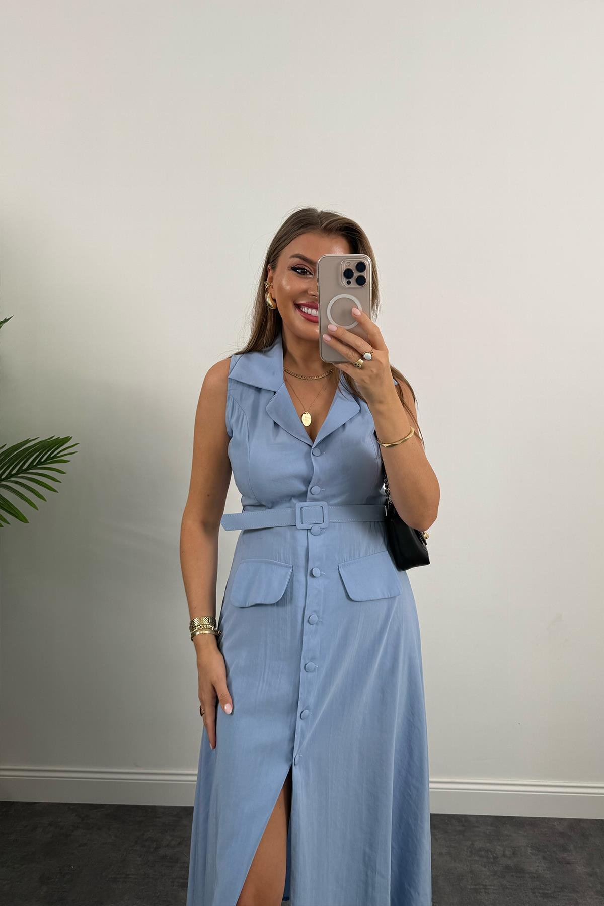 %100 Tensel Kumaş Lüx Kalite Düğmeli Kemerli Maxi Elbise Mavi