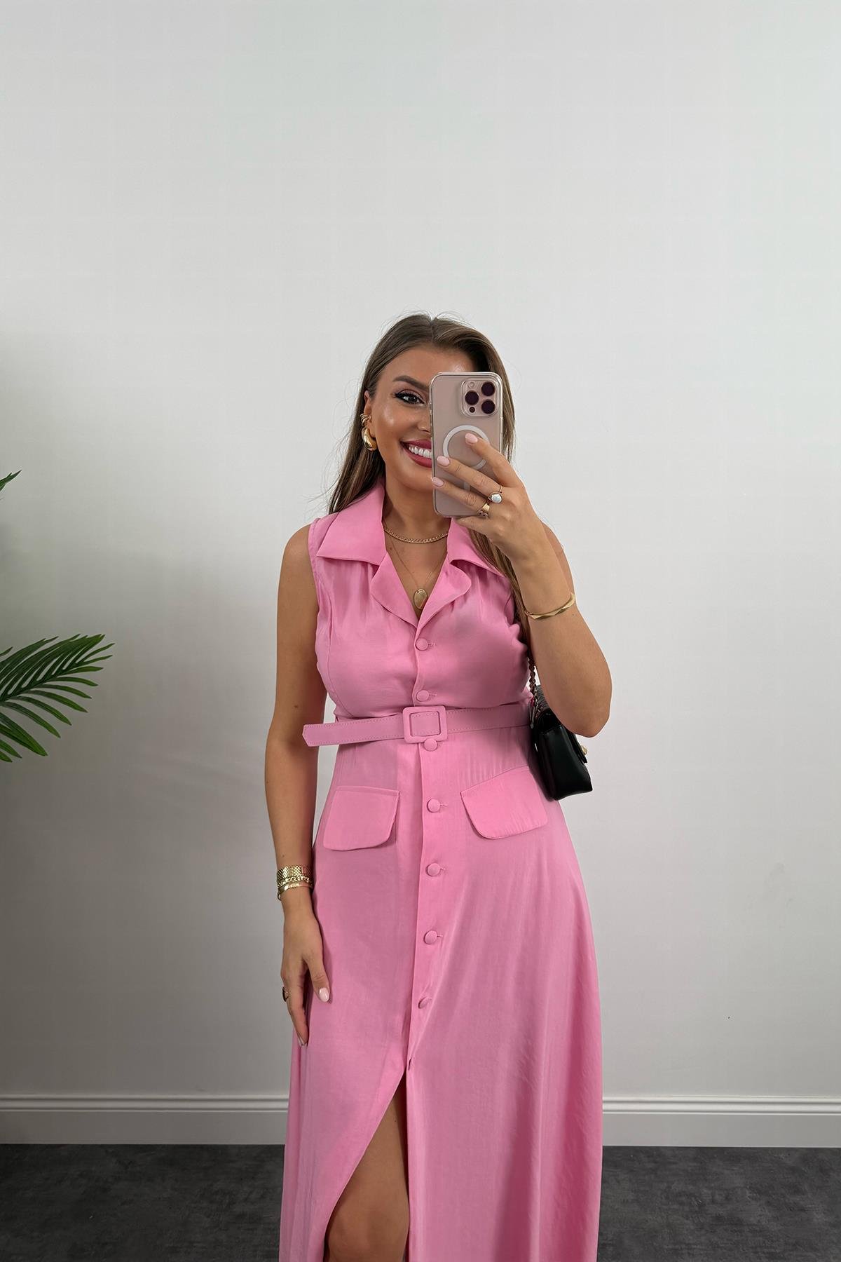 %100 Tensel Kumaş Lüx Kalite Düğmeli Kemerli Maxi Elbise Pembe