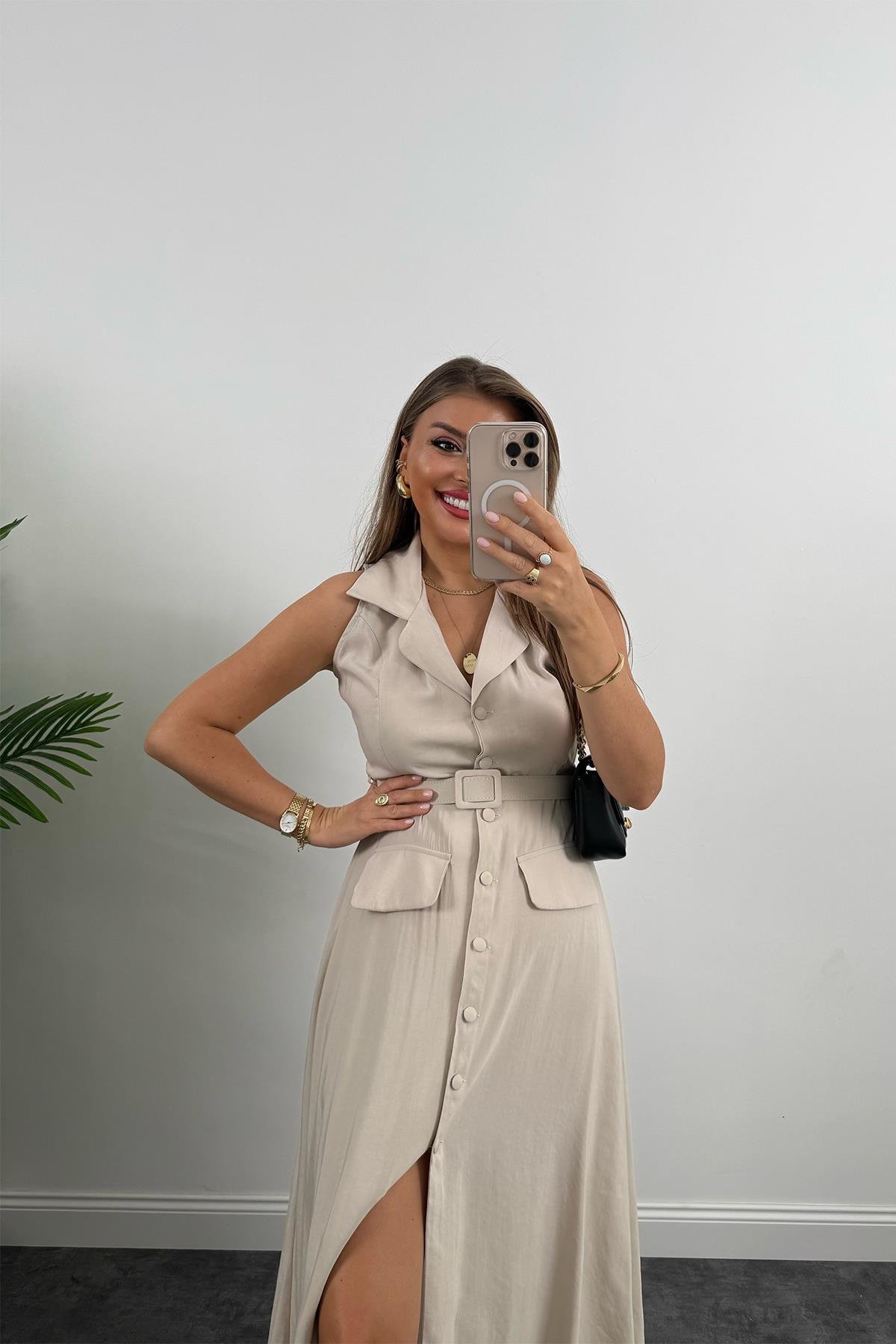 %100 Tensel Kumaş Lüx Kalite Düğmeli Kemerli Maxi Elbise Taş