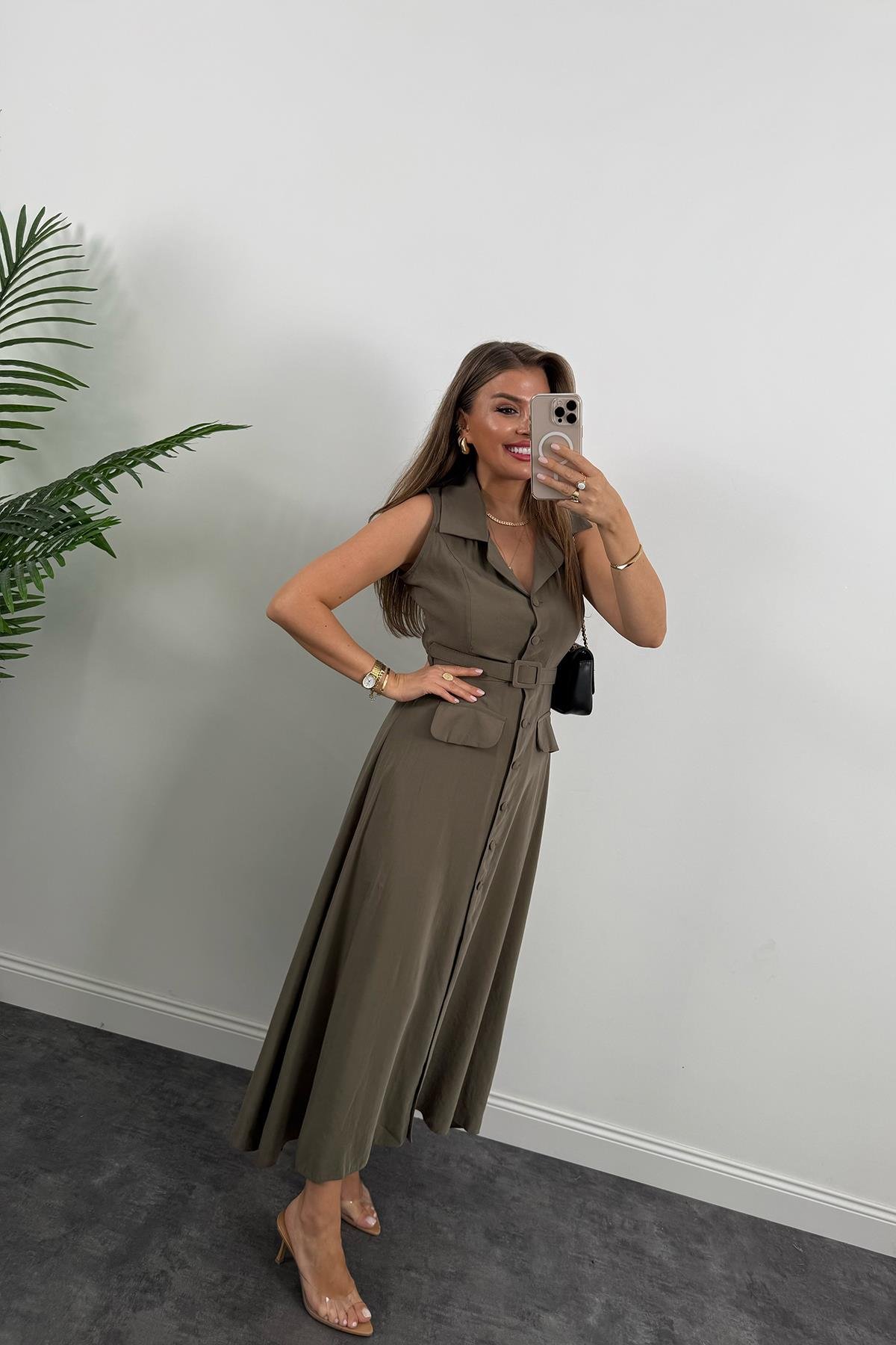 %100 Tensel Kumaş Lüx Kalite Düğmeli Kemerli Maxi Elbise Haki