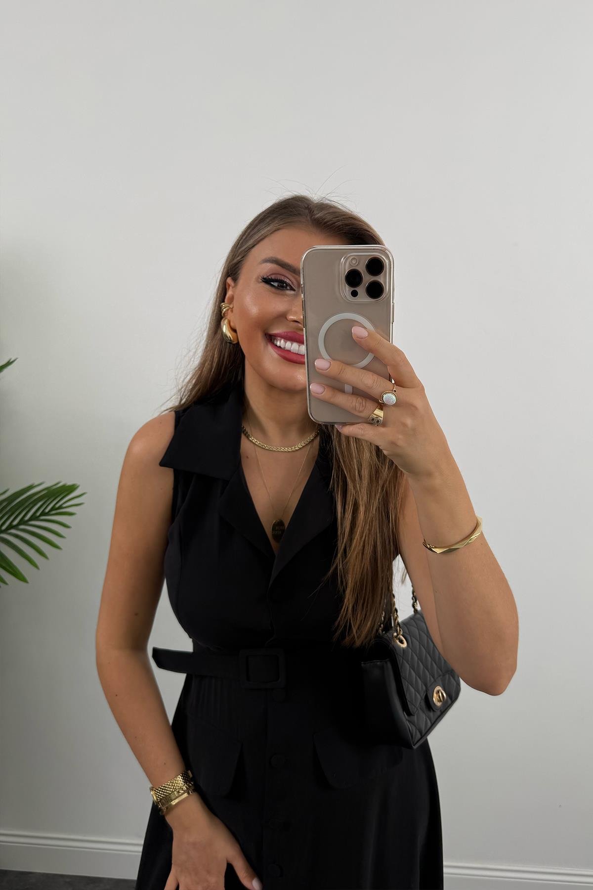 %100 Tensel Kumaş Lüx Kalite Düğmeli Kemerli Maxi Elbise Siyah