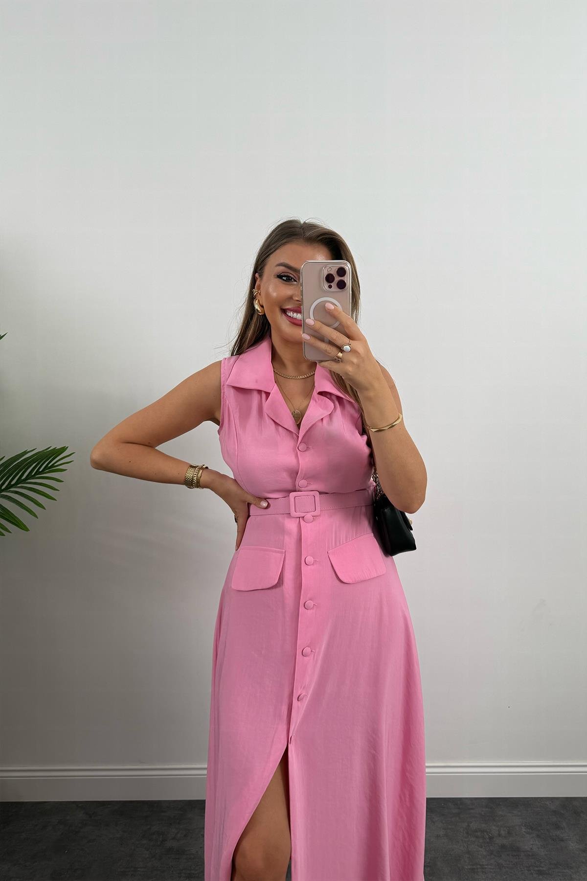 %100 Tensel Kumaş Lüx Kalite Düğmeli Kemerli Maxi Elbise Pembe