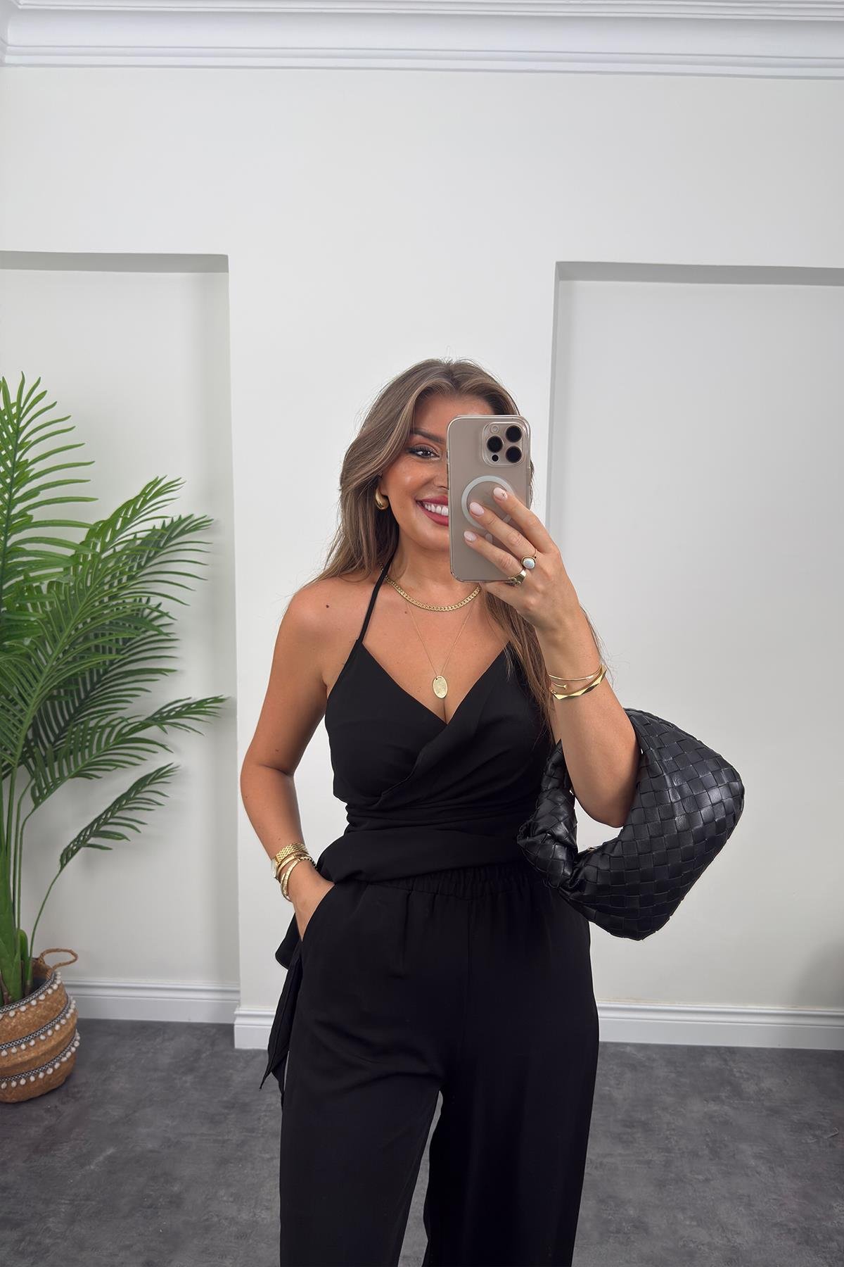 Asimetrik Bluzlu Palazzı Pantolon Takım Siyah