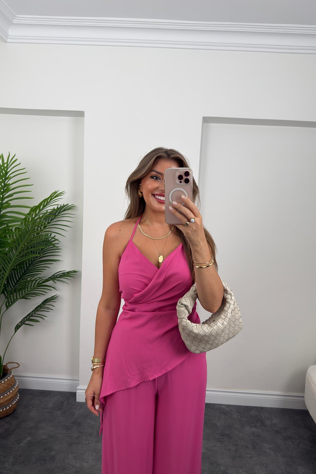 Asimetrik Bluzlu Palazzı Pantolon Takım Fuşya