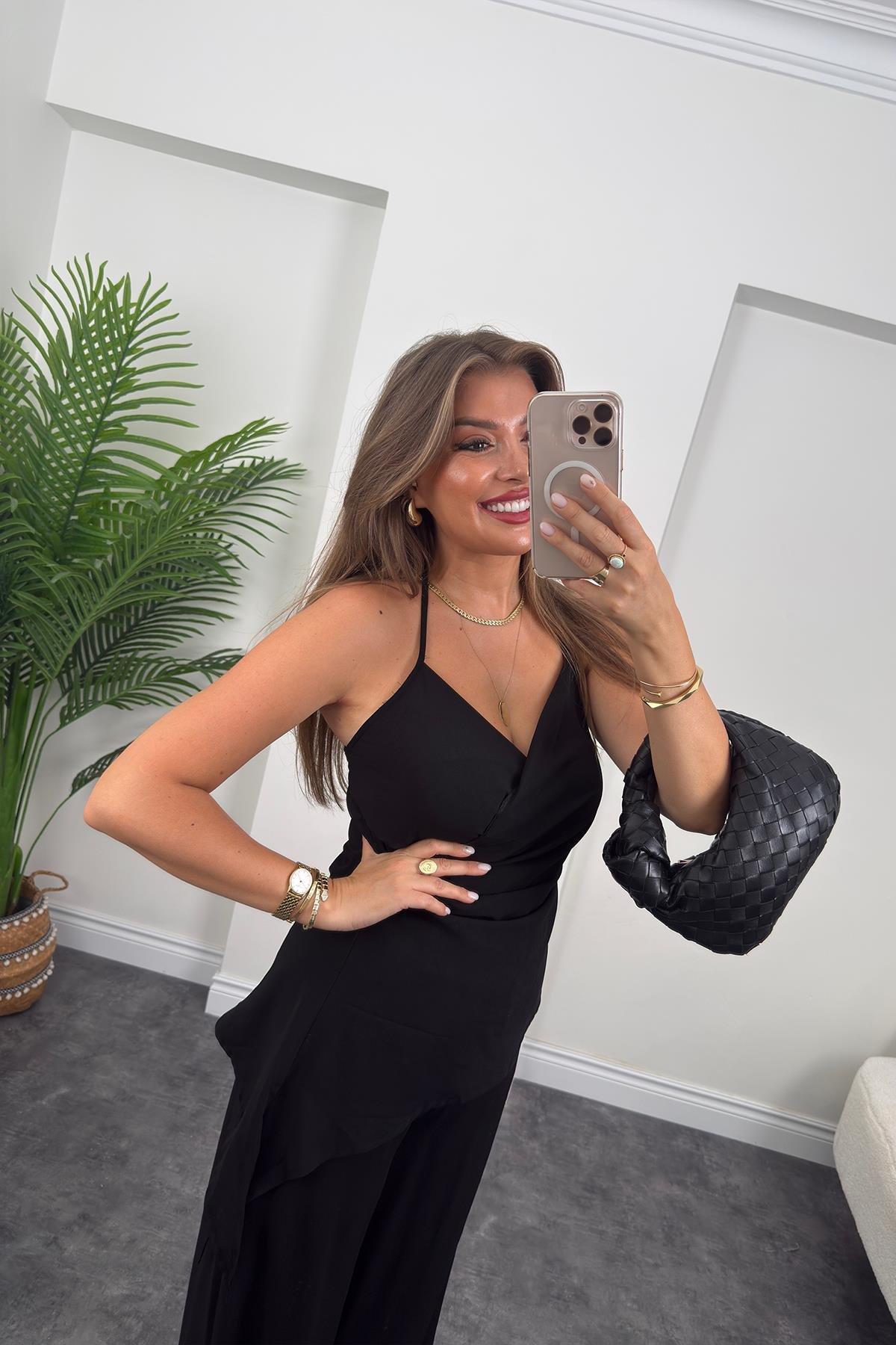 Asimetrik Bluzlu Palazzı Pantolon Takım Siyah