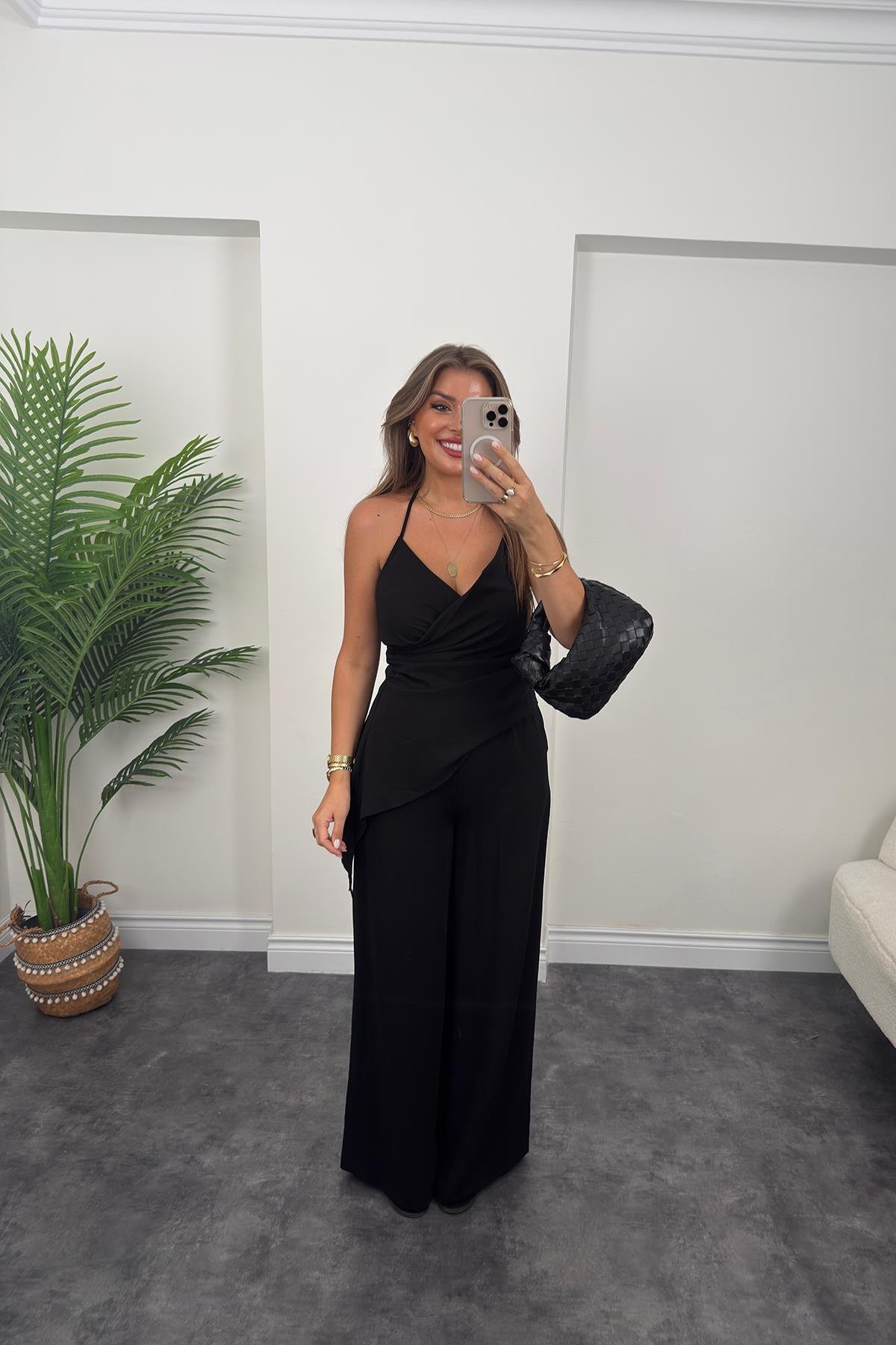 Asimetrik Bluzlu Palazzı Pantolon Takım Siyah