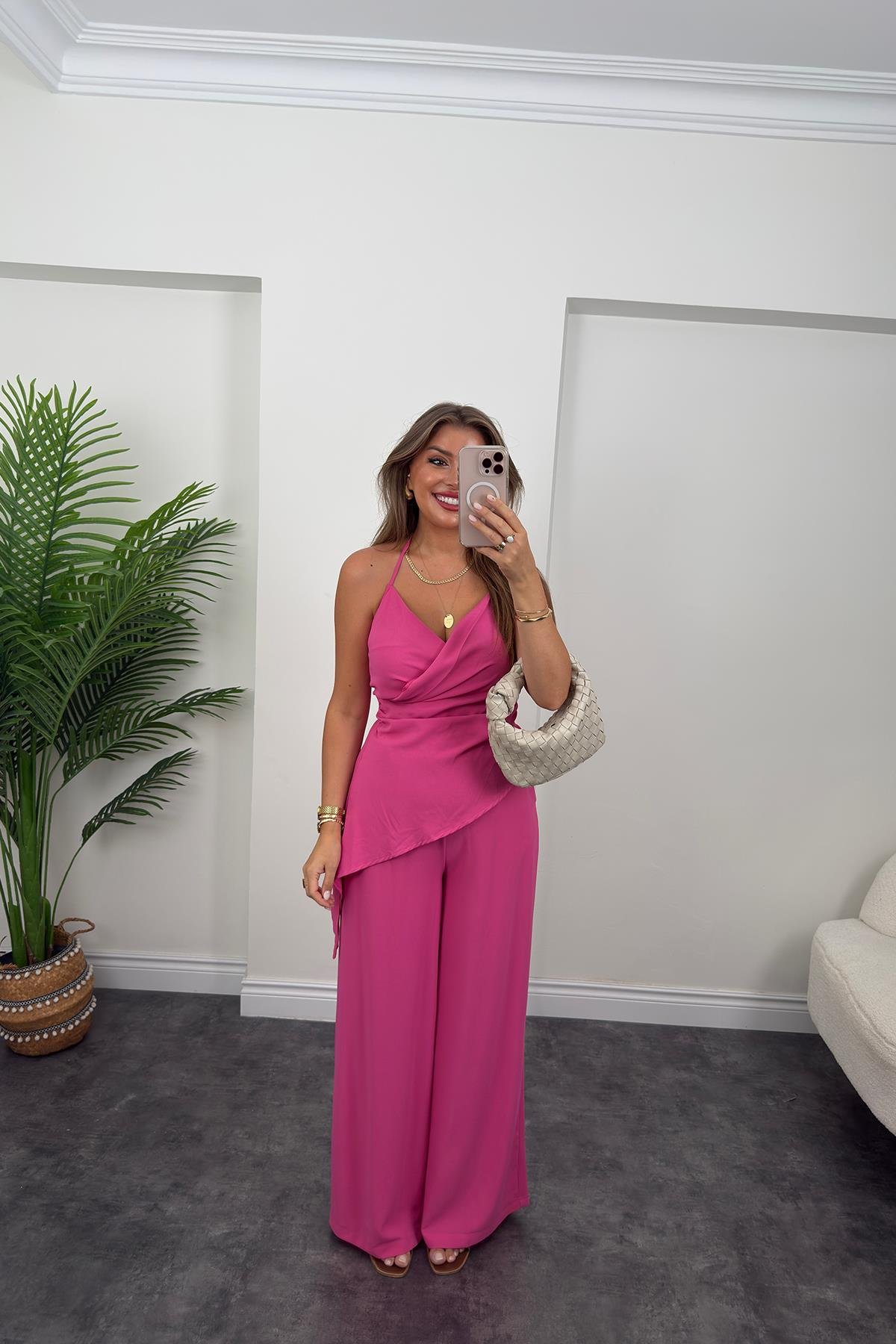 Asimetrik Bluzlu Palazzı Pantolon Takım Fuşya