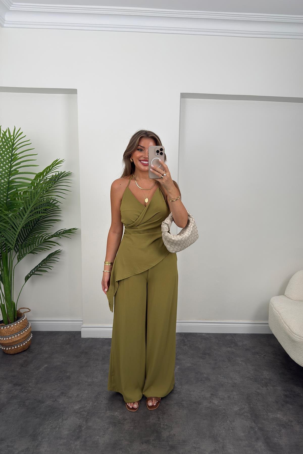 Asimetrik Bluzlu Palazzı Pantolon Takım Yağ Yeşili