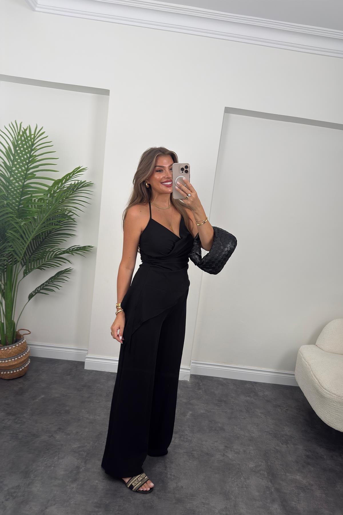 Asimetrik Bluzlu Palazzı Pantolon Takım Siyah