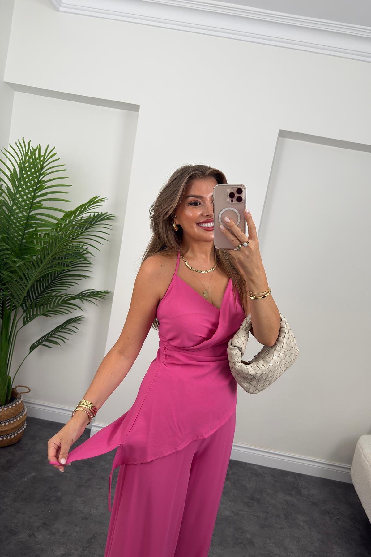 Asimetrik Bluzlu Palazzı Pantolon Takım Fuşya