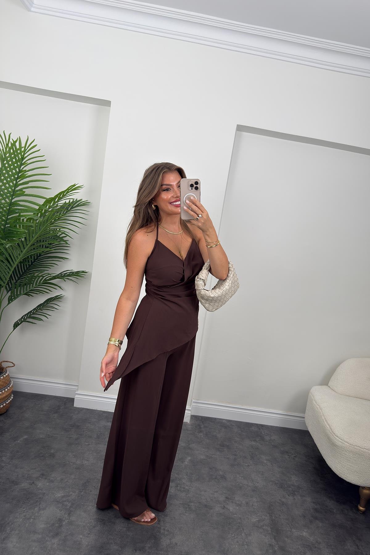 Asimetrik Bluzlu Palazzı Pantolon Takım Acı Kahve