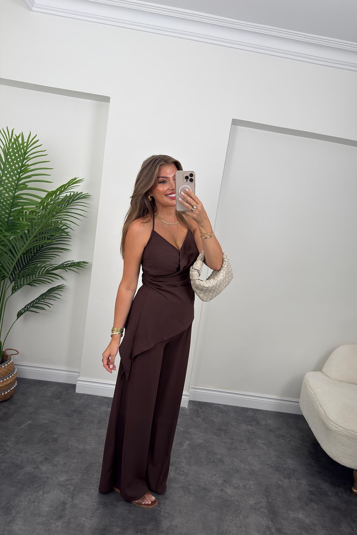 Asimetrik Bluzlu Palazzı Pantolon Takım Acı Kahve