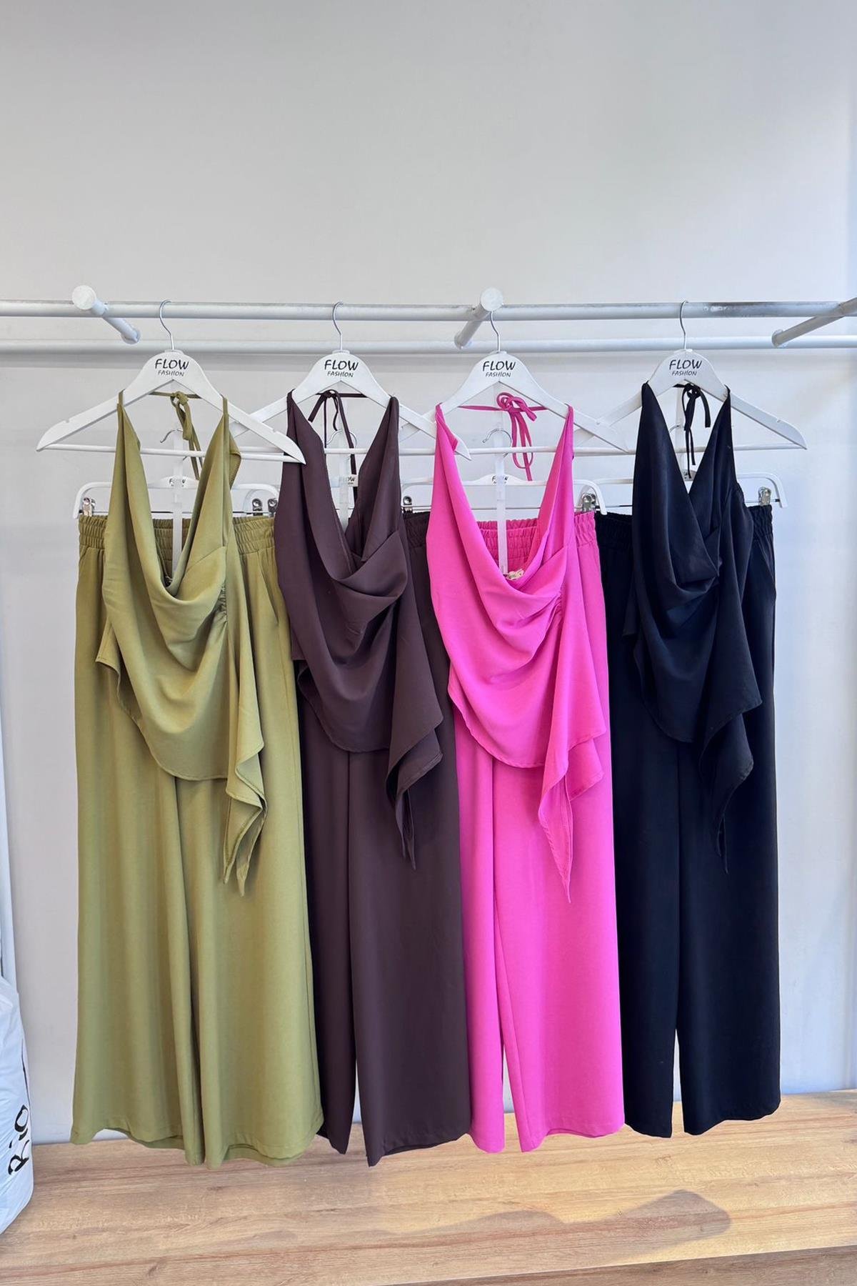 Asimetrik Bluzlu Palazzı Pantolon Takım Acı Kahve