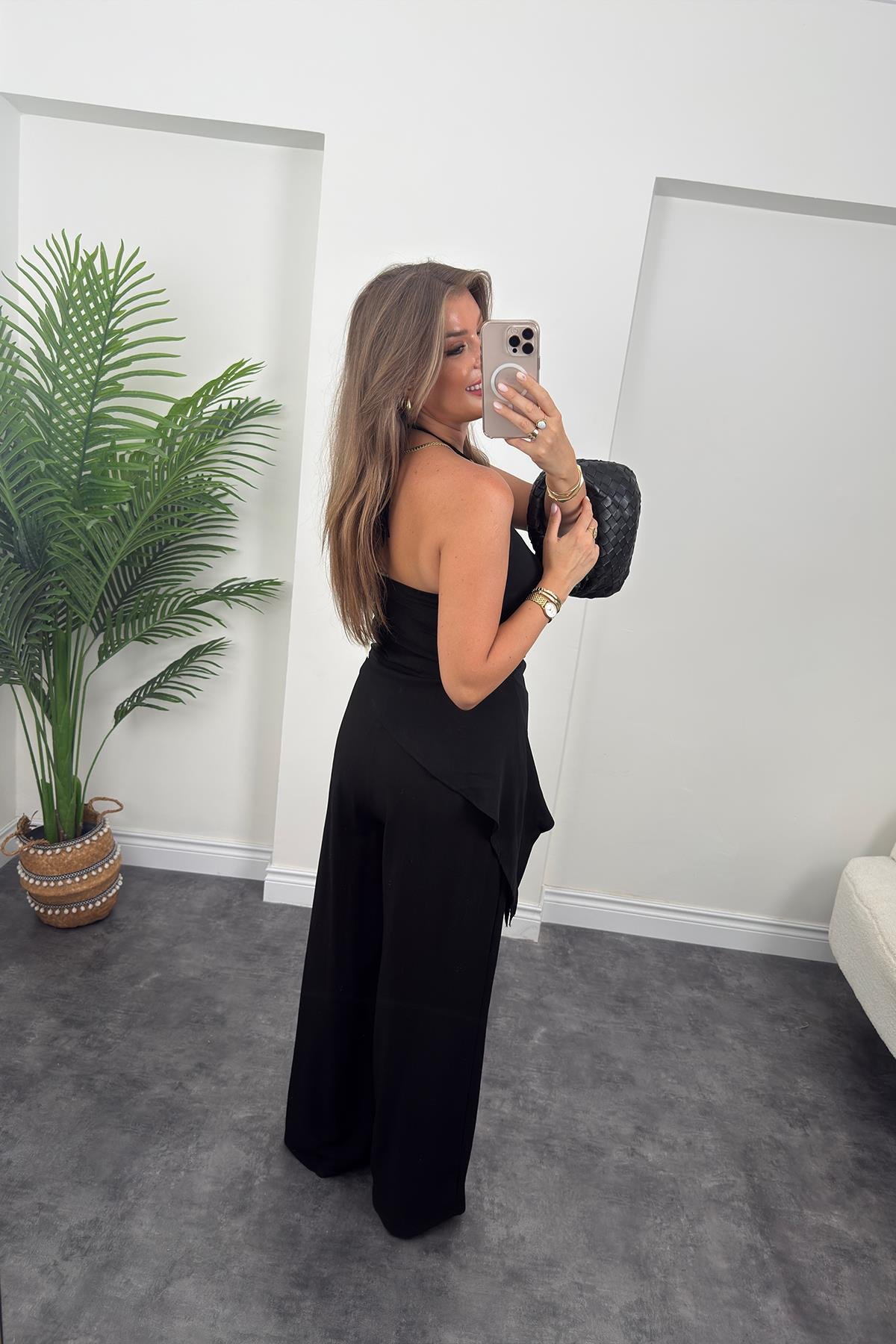 Asimetrik Bluzlu Palazzı Pantolon Takım Siyah