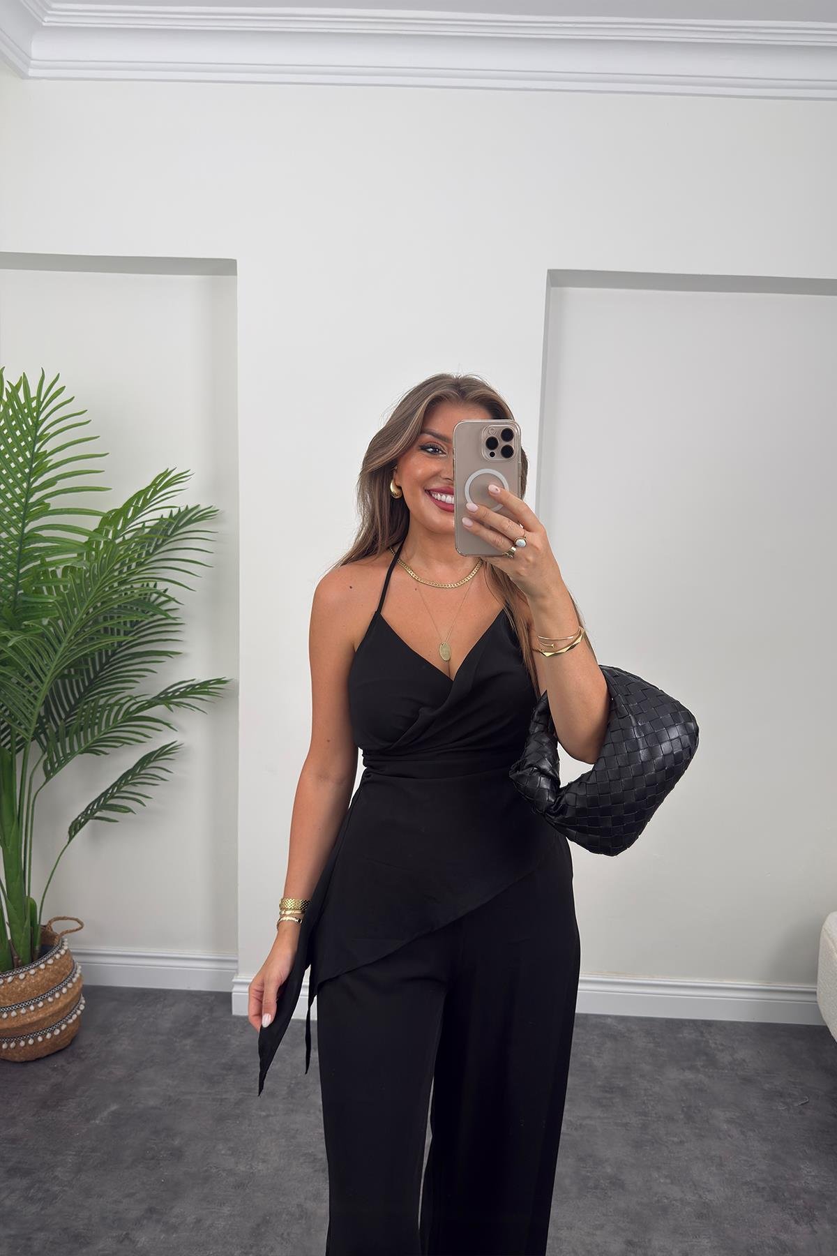 Asimetrik Bluzlu Palazzı Pantolon Takım Siyah