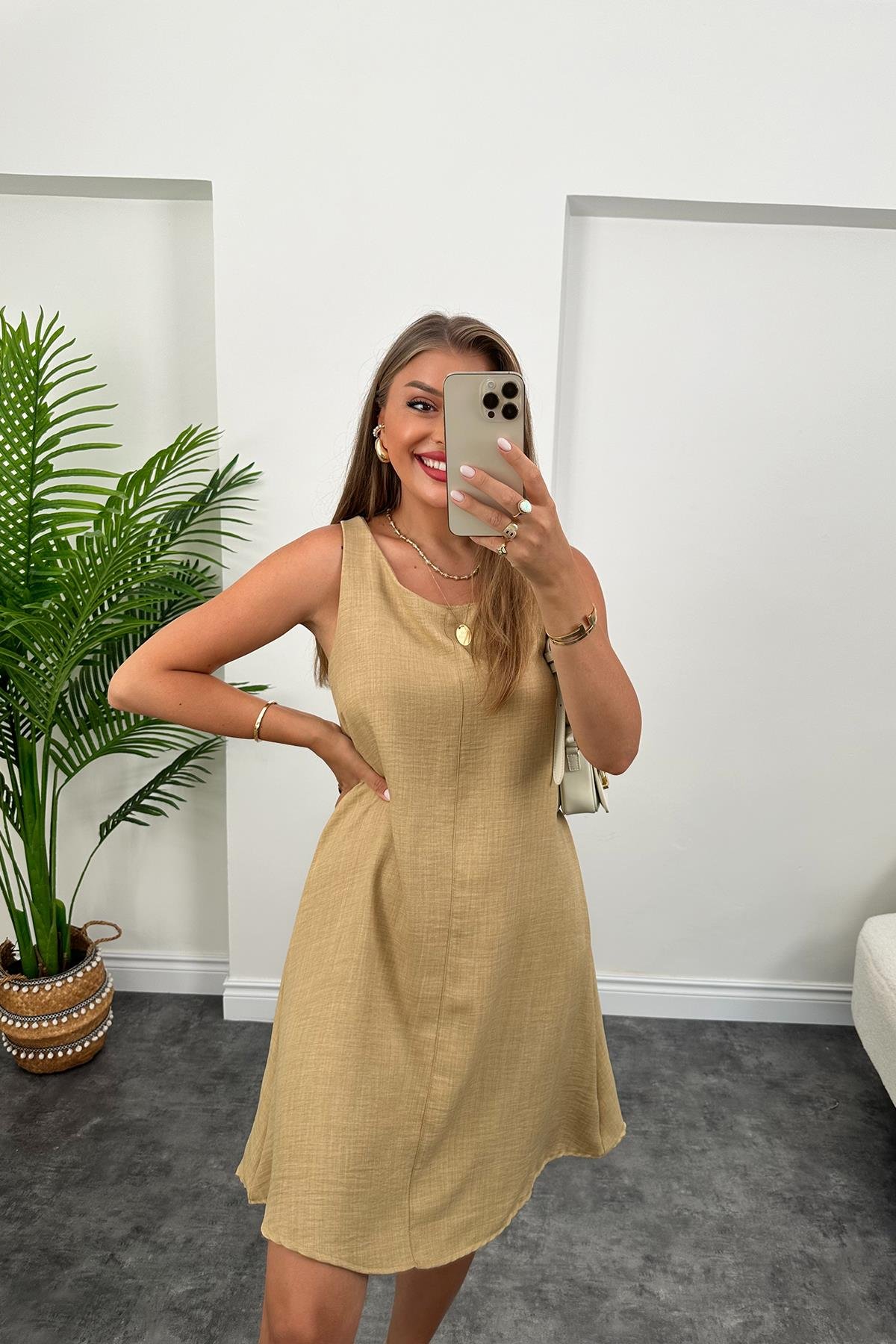 Basic Keten Çan Elbise Camel