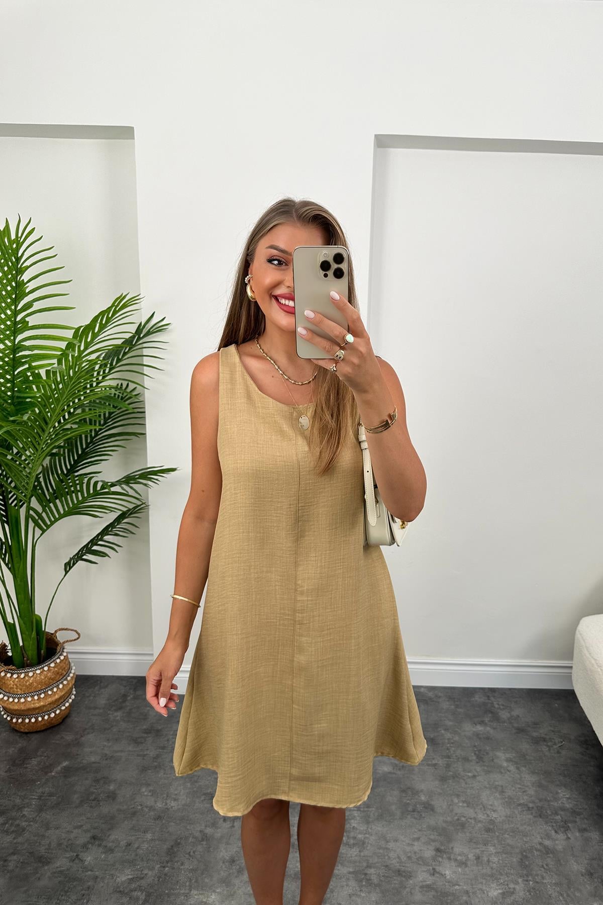 Basic Keten Çan Elbise Camel